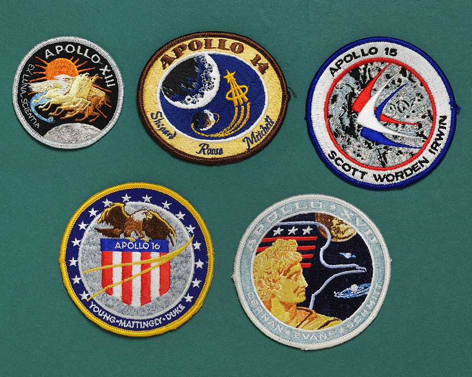 Collection of five embroidered patches from various Apollo spaceflight missions