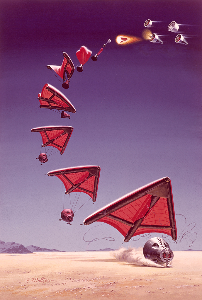 Artist's concept art of how a rogallo wing might be used to help a spacecraft land safely