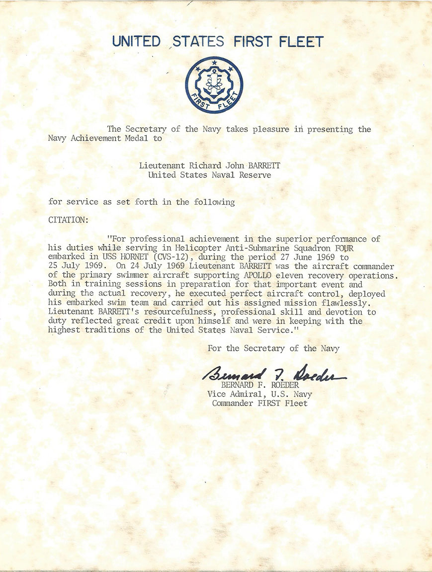 Navy Achievement medal citation from Bernard Roeder for Richard John Barrett
