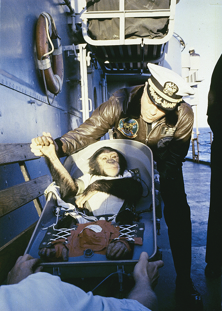 Navy commander meeting Ham the chimp