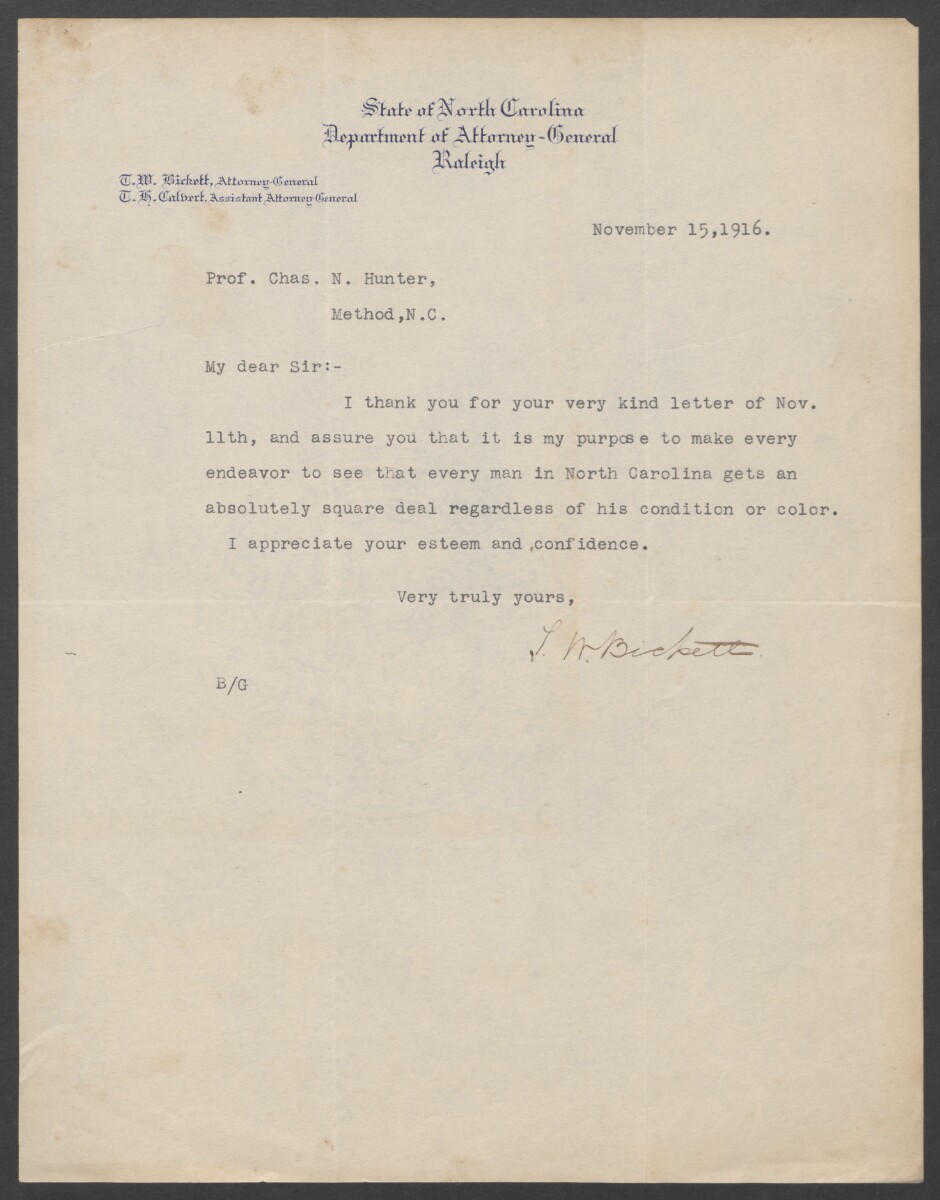 Letter from Governor-Elect Bickett to Charles N. Hunter, November 15, 1916
