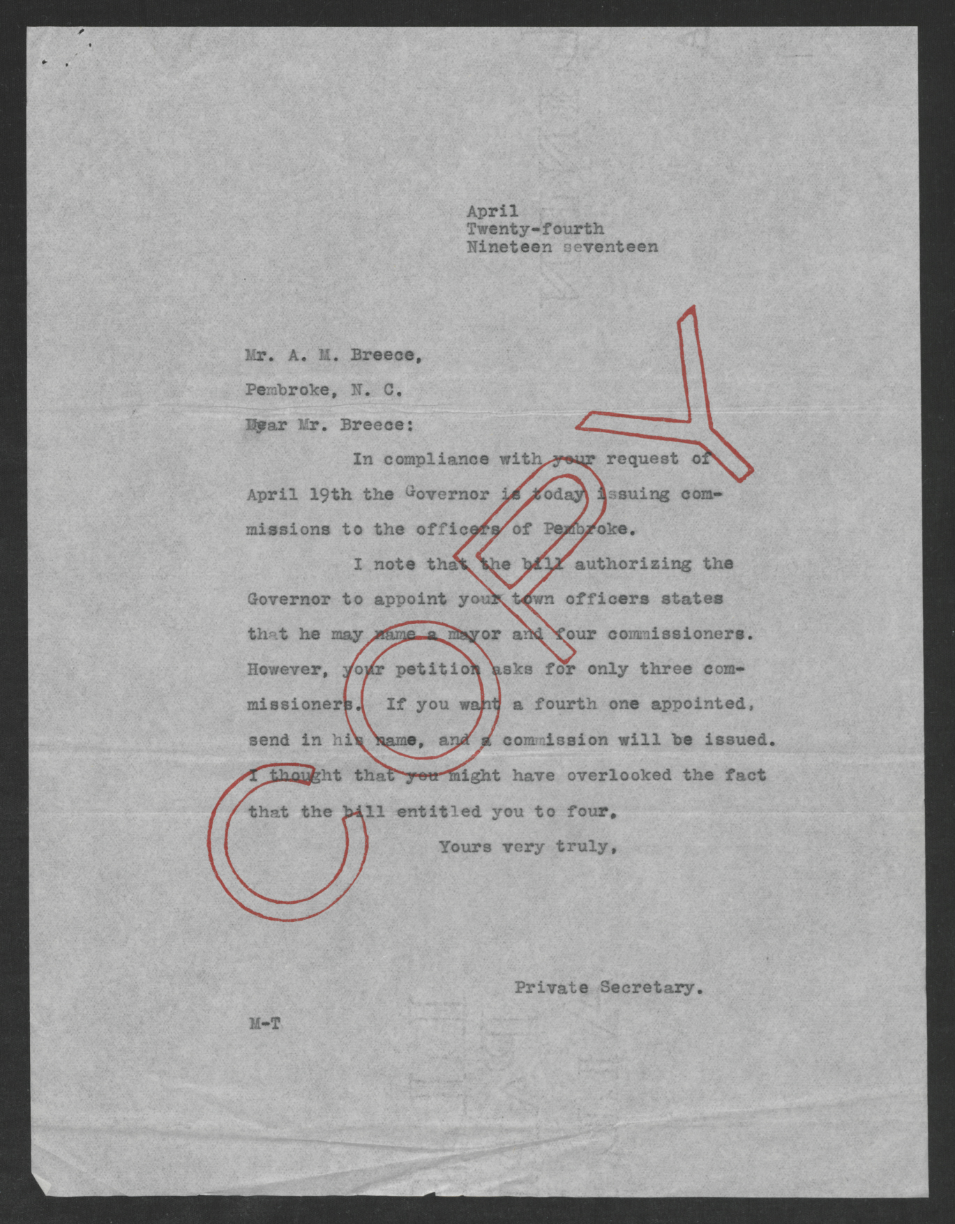 Letter from Santford Martin to A. M. Breece, April 24, 1917