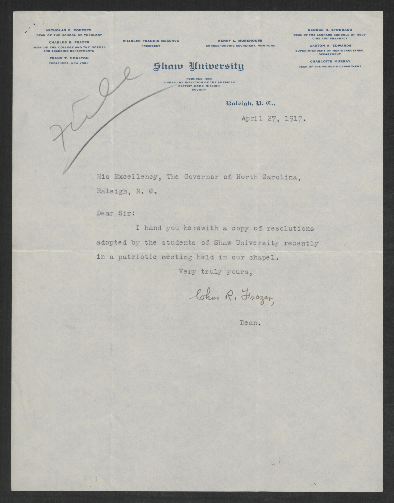 Letter from Charles R. Frazer to Gov. Bickett, April 27, 1917