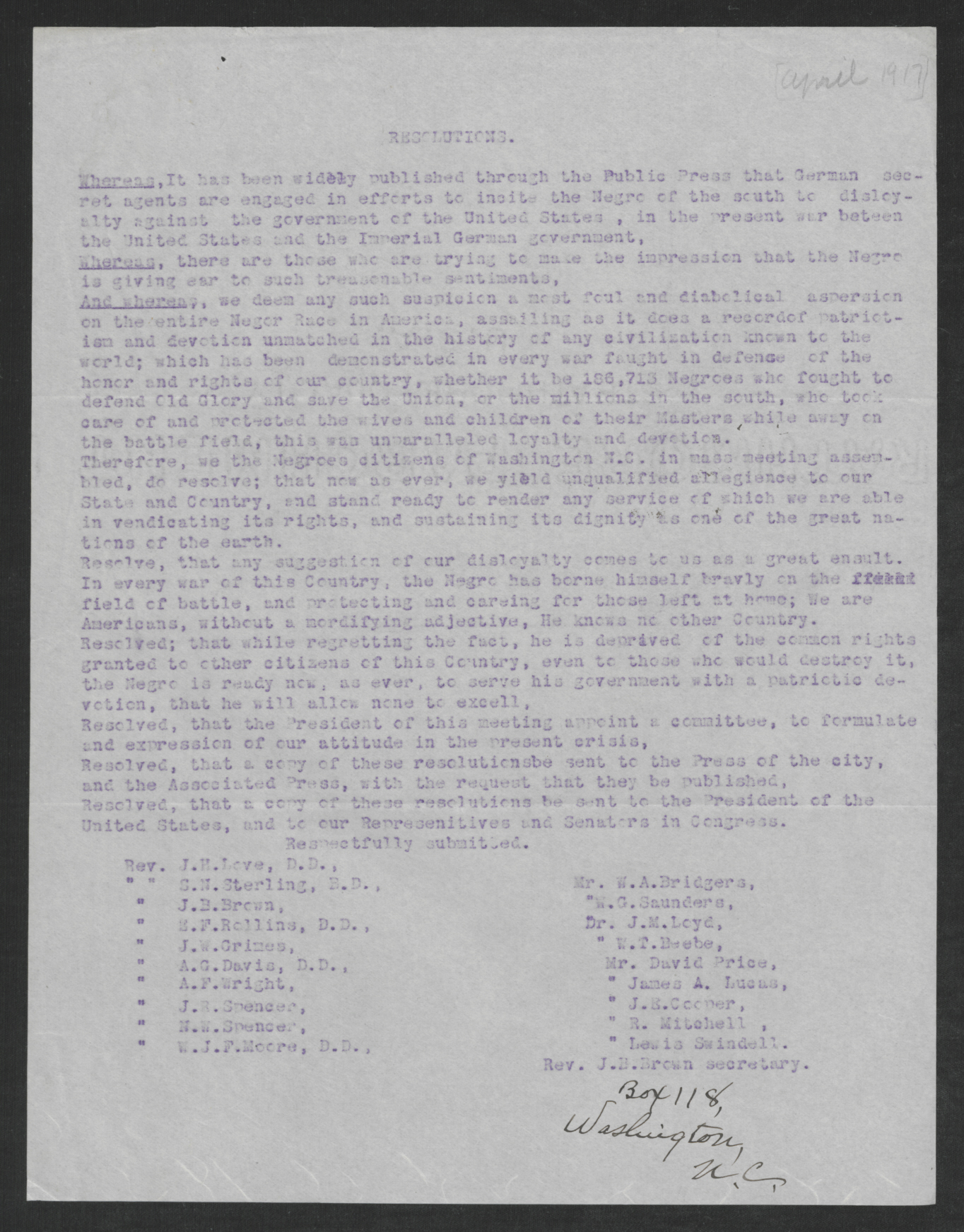 Resolution by the African American Citizens of Washington, N.C., April 1917