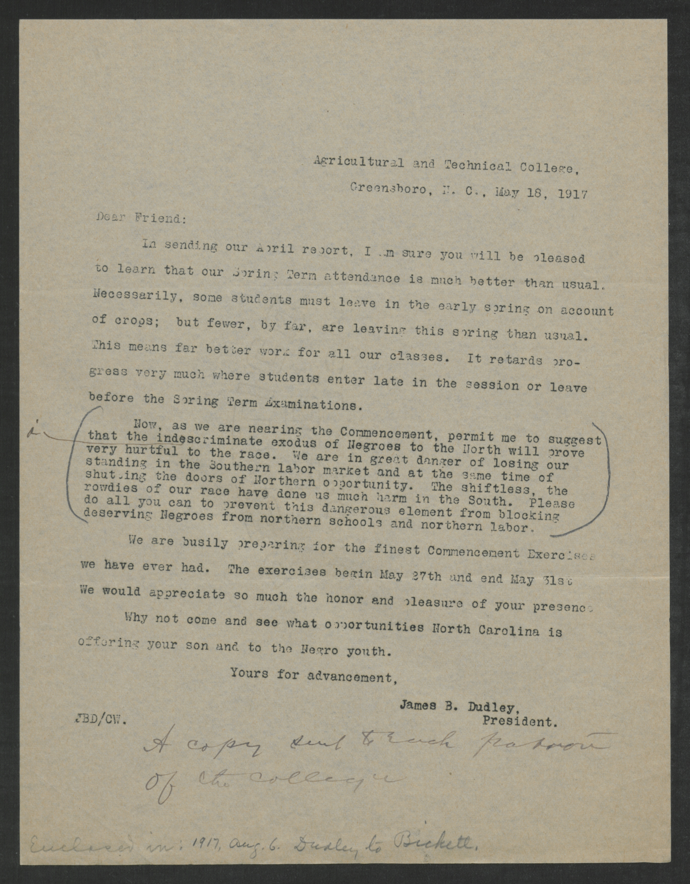 Letter from James B. Dudley to Dear Friend, May 18, 1917