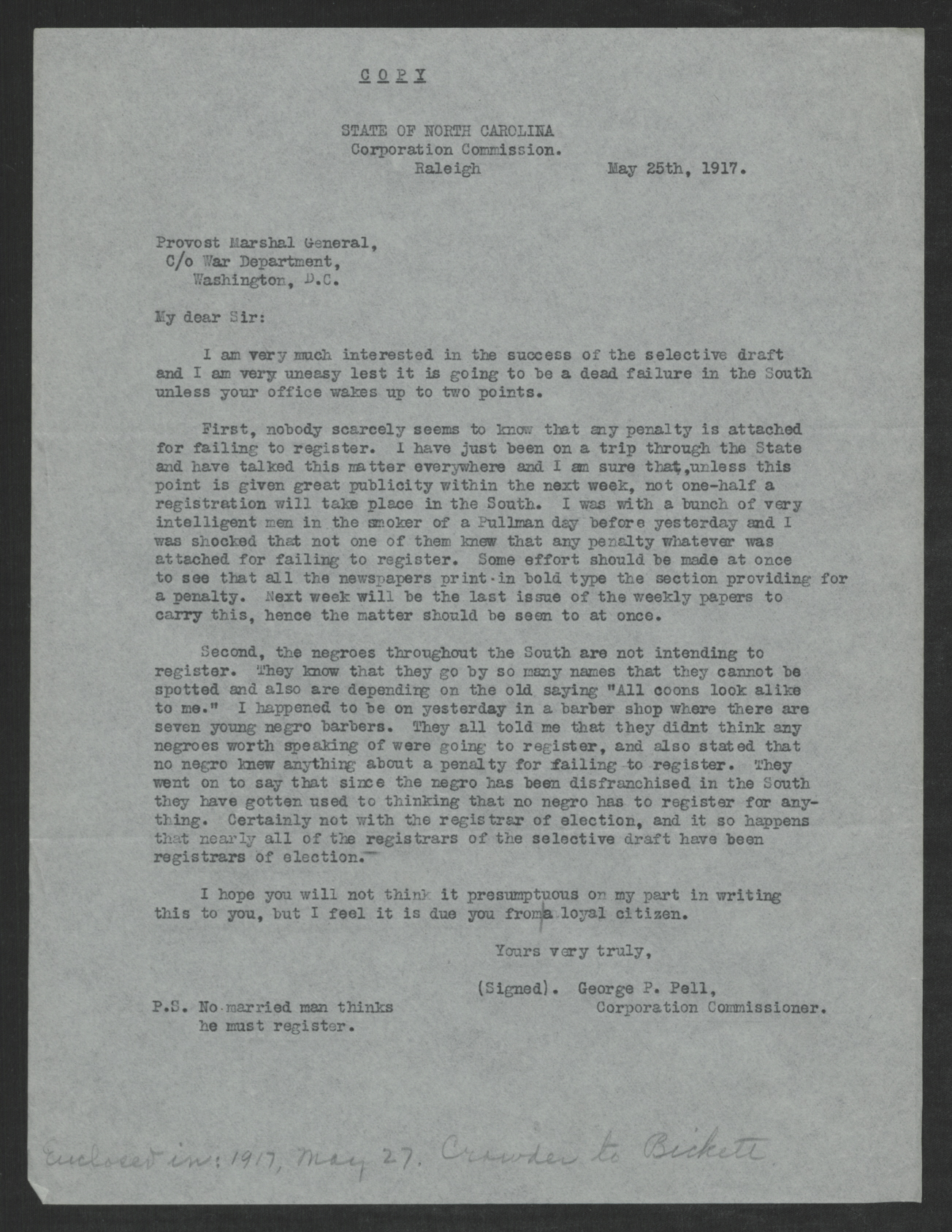 Letter from George P. Pell to Enoch H. Crowder, May 25, 1917