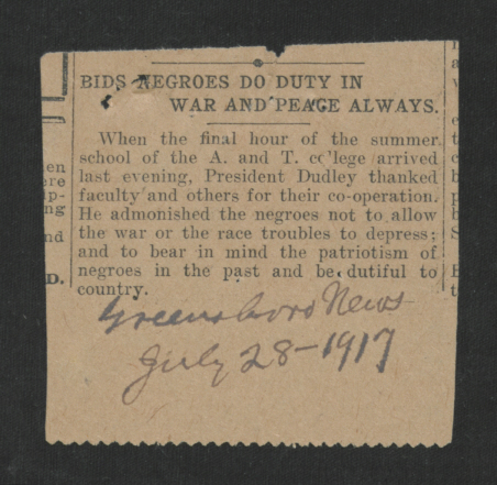 "Bids Negroes Do Duty in War and Peace Always," from Greensboro News, 28 July 1917