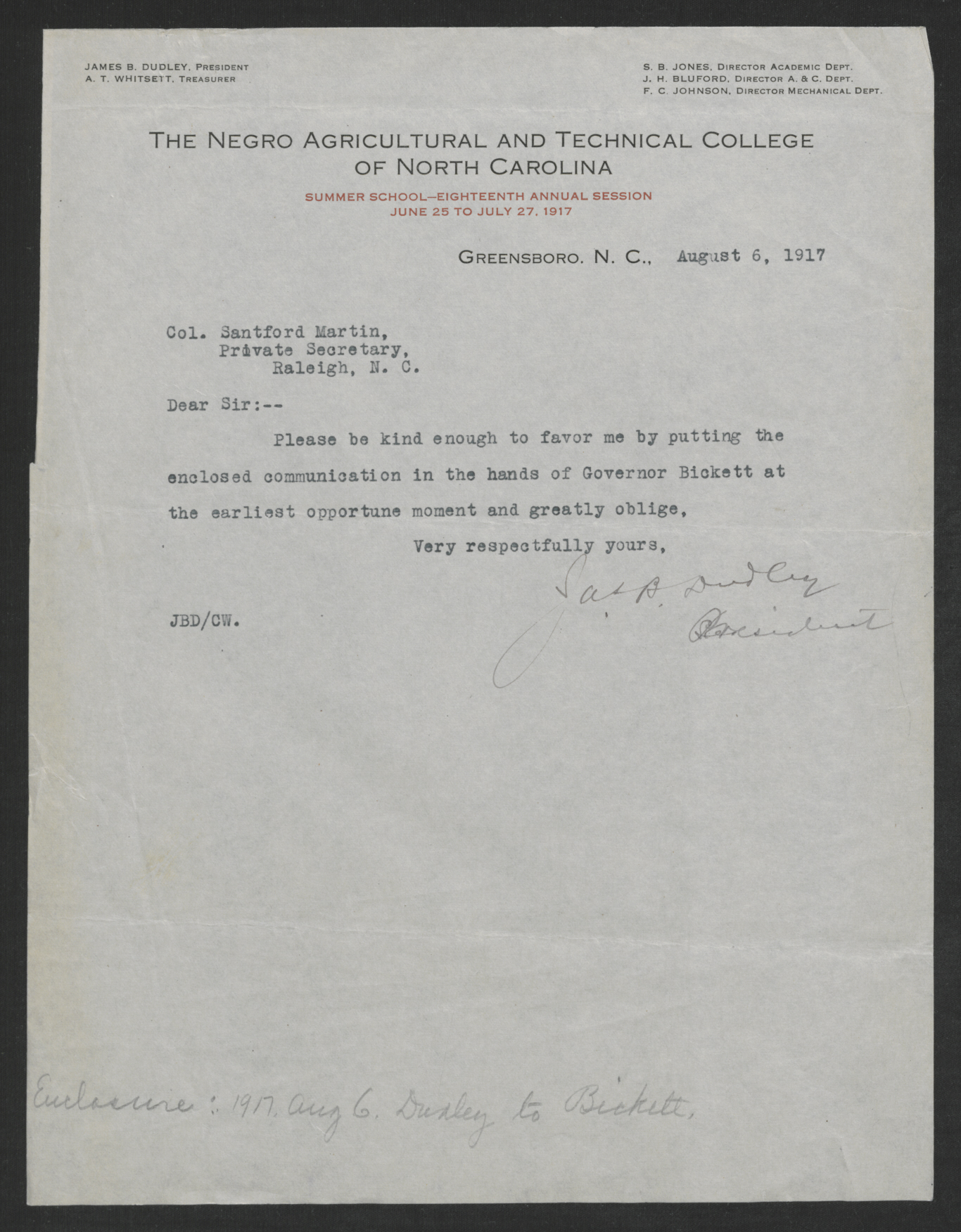 Letter from James B. Dudley to Gov. Bickett, August 6, 1917