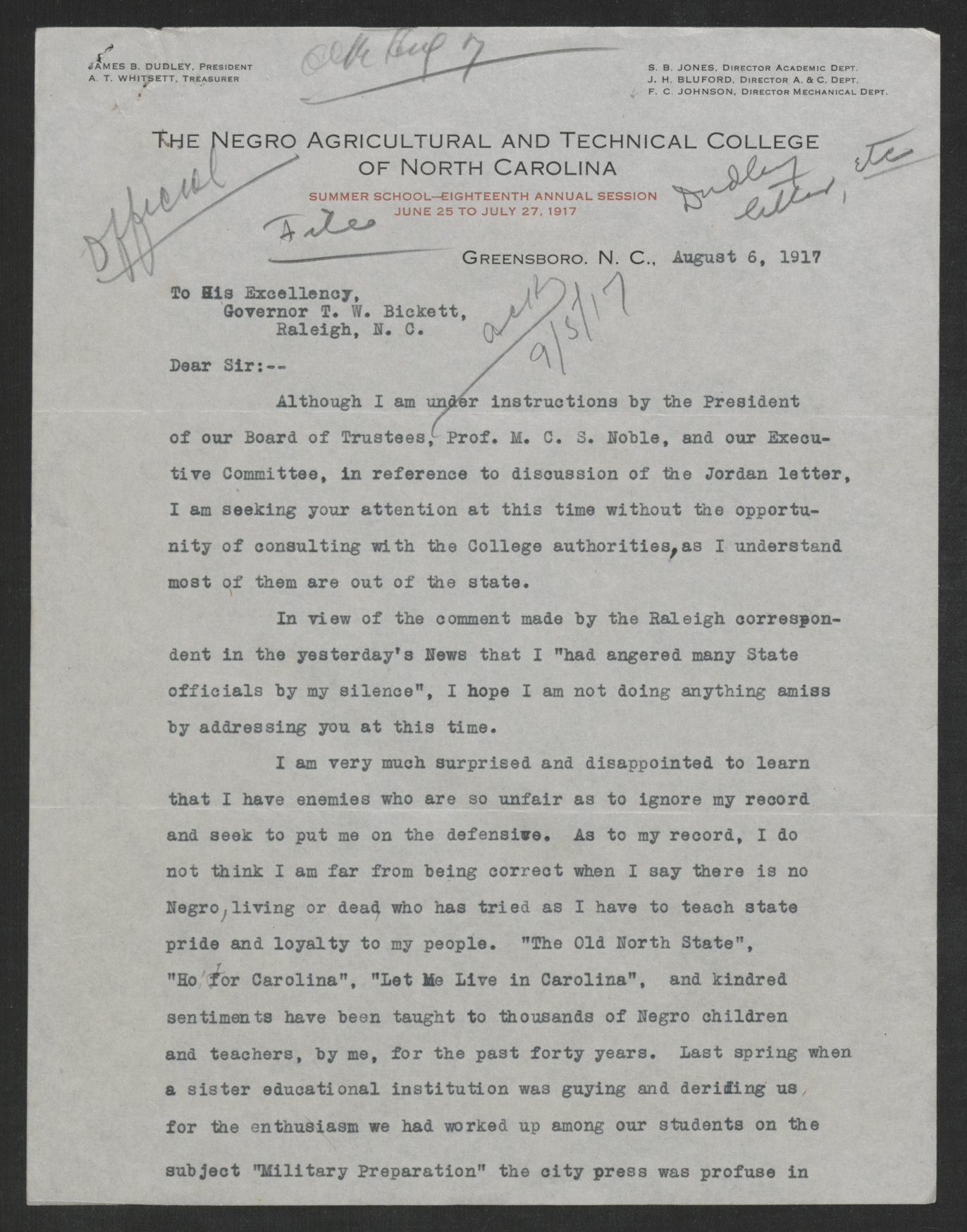 Letter from James B. Dudley to Gov. Bickett, August 6, 1917 - Page 1