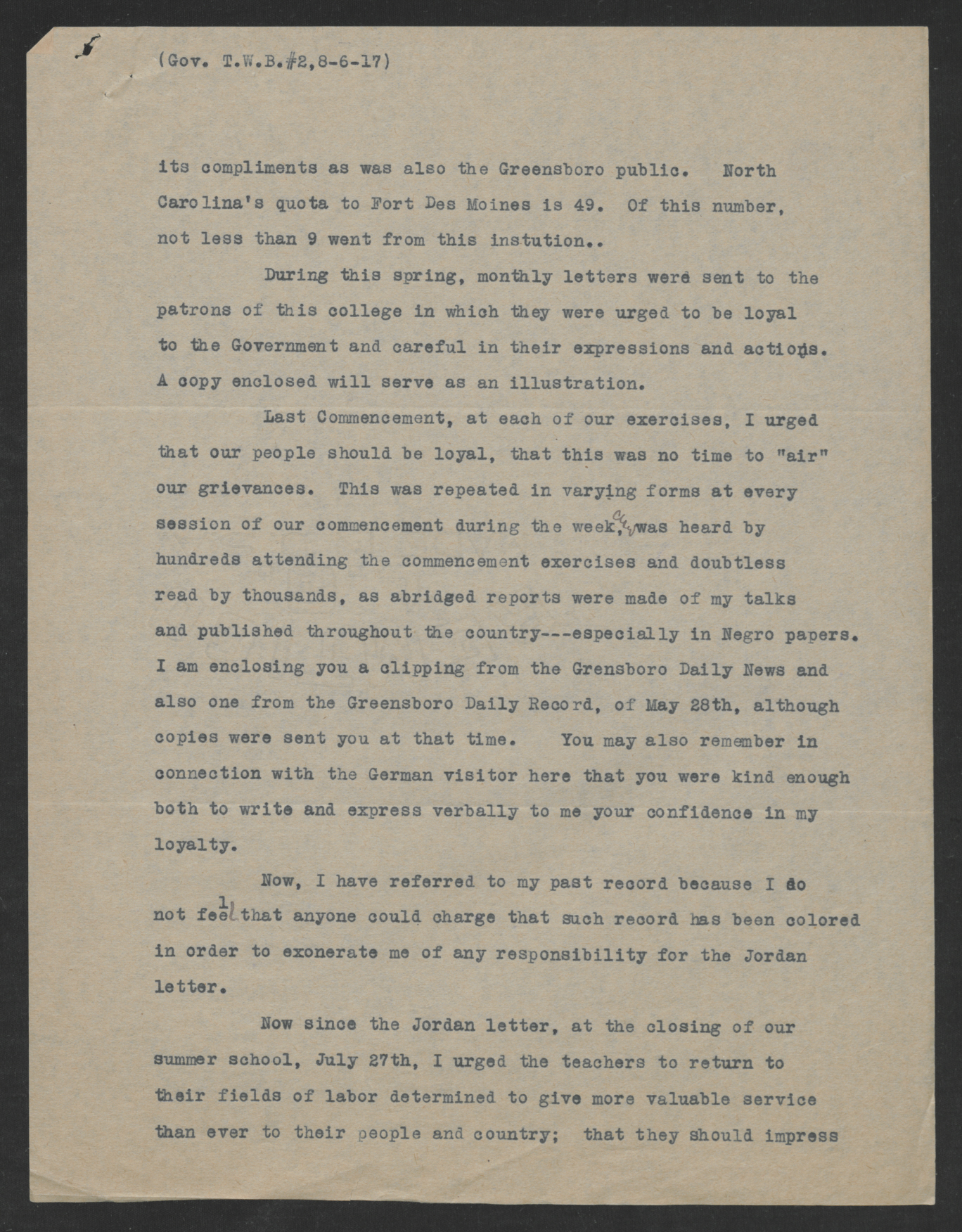 Letter from James B. Dudley to Gov. Bickett, August 6, 1917 - Page 2