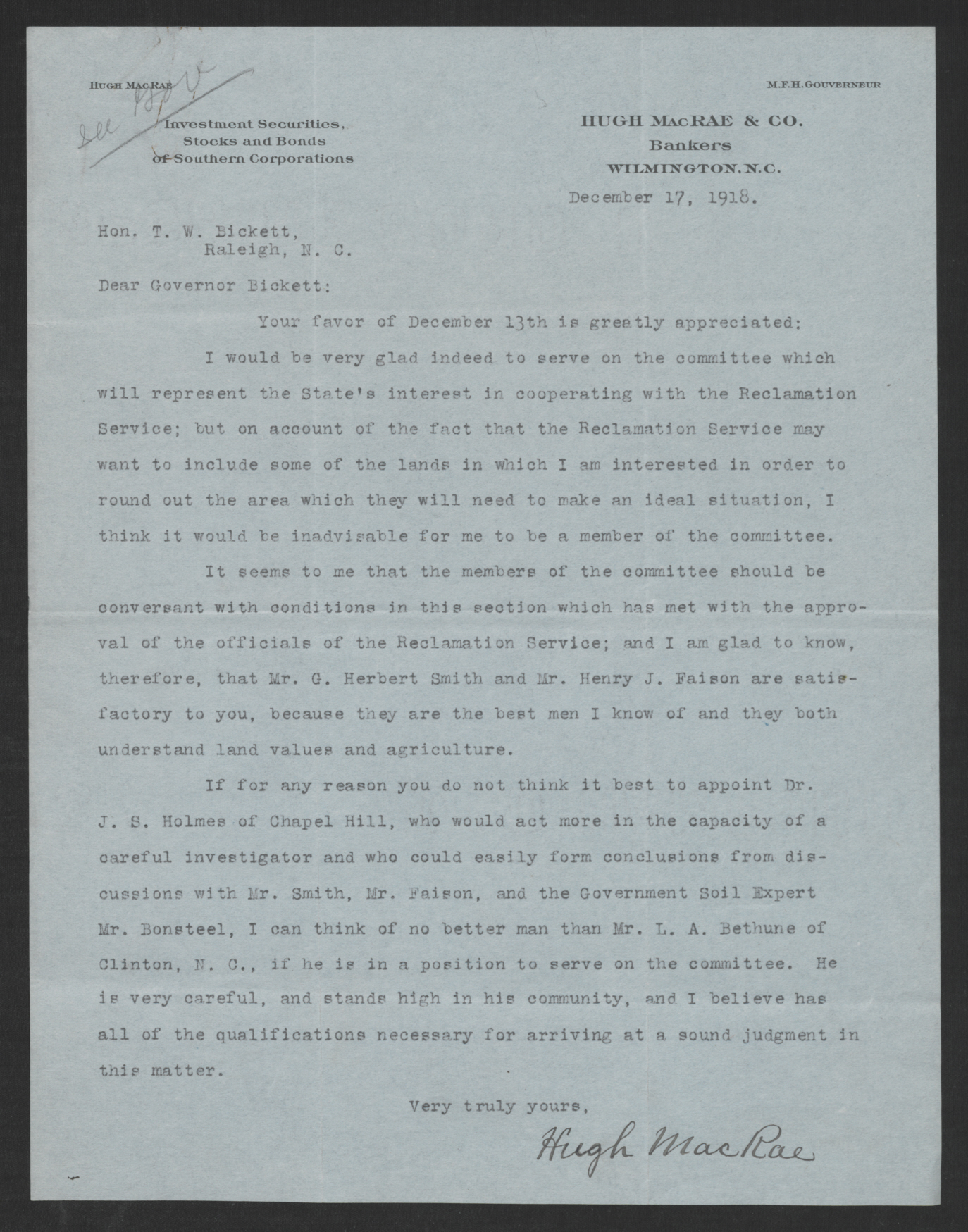 Letter from Hugh MacRae to Gov. Bickett, December 17, 1918