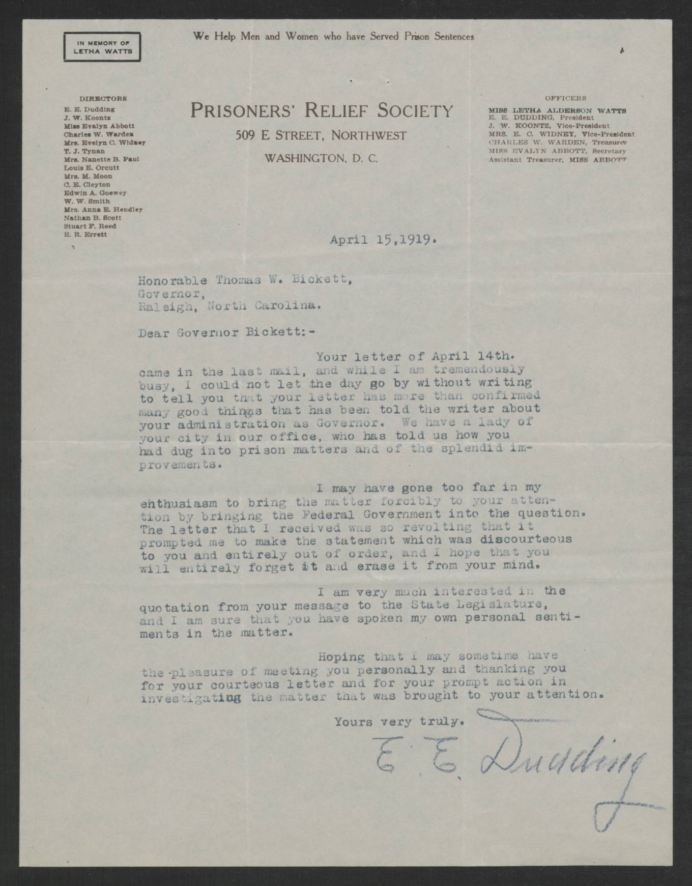 Letter from Earl E. Dudding to Gov. Bickett, April 15, 1919