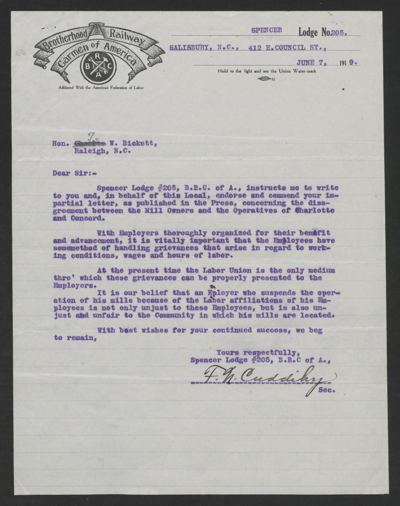Letter from Francis N. Cuddihy to Gov. Bickett, June 7, 1919