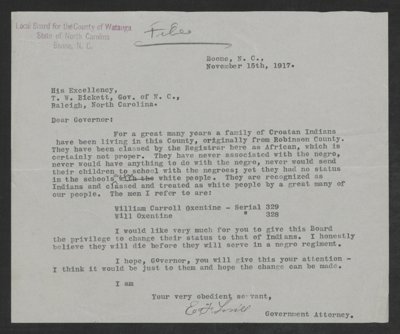 Letter from E. F. Lovill to Governor Bickett, November 15, 1917