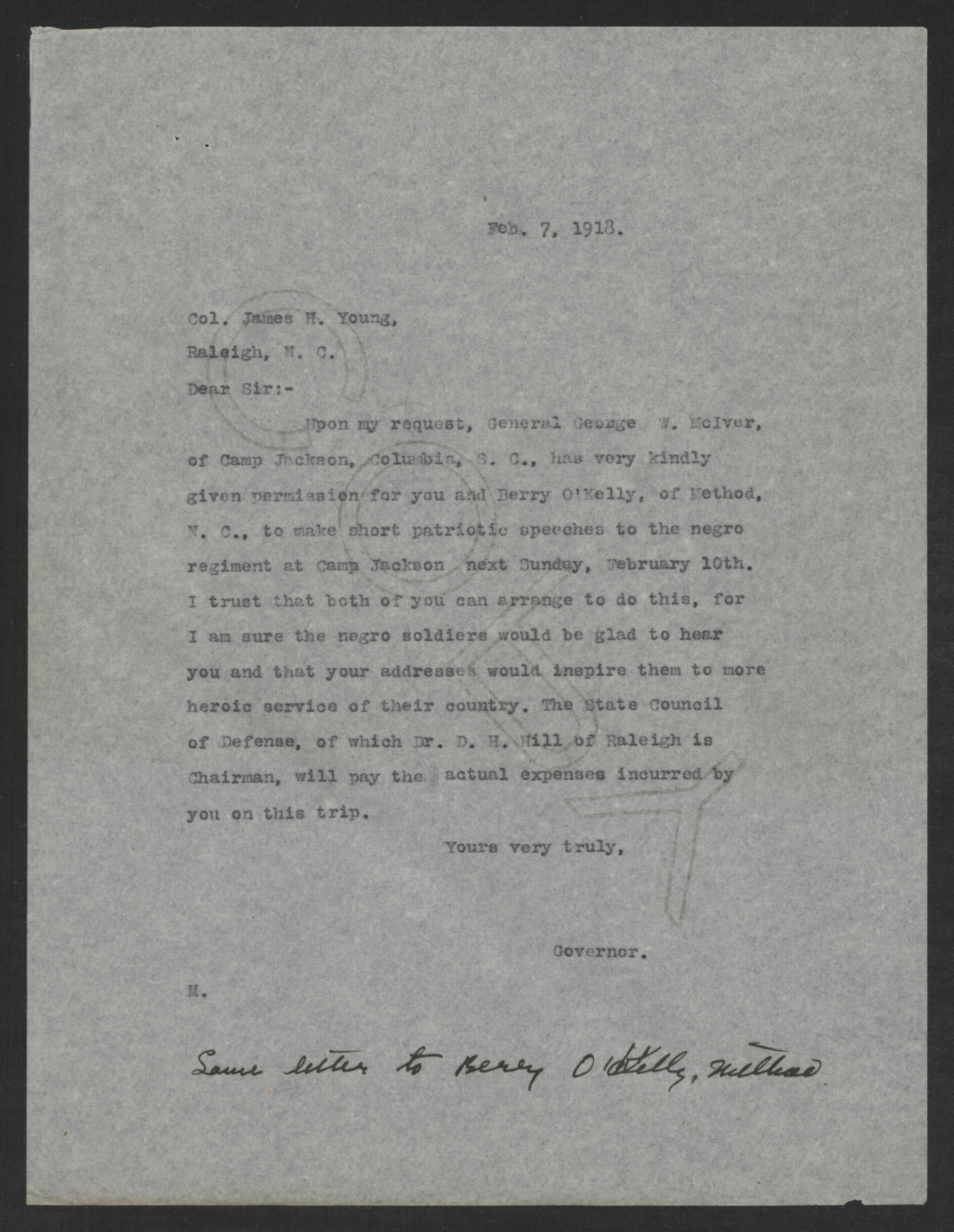 Letter from Gov. Bickett to James H. Young, February 7, 1918