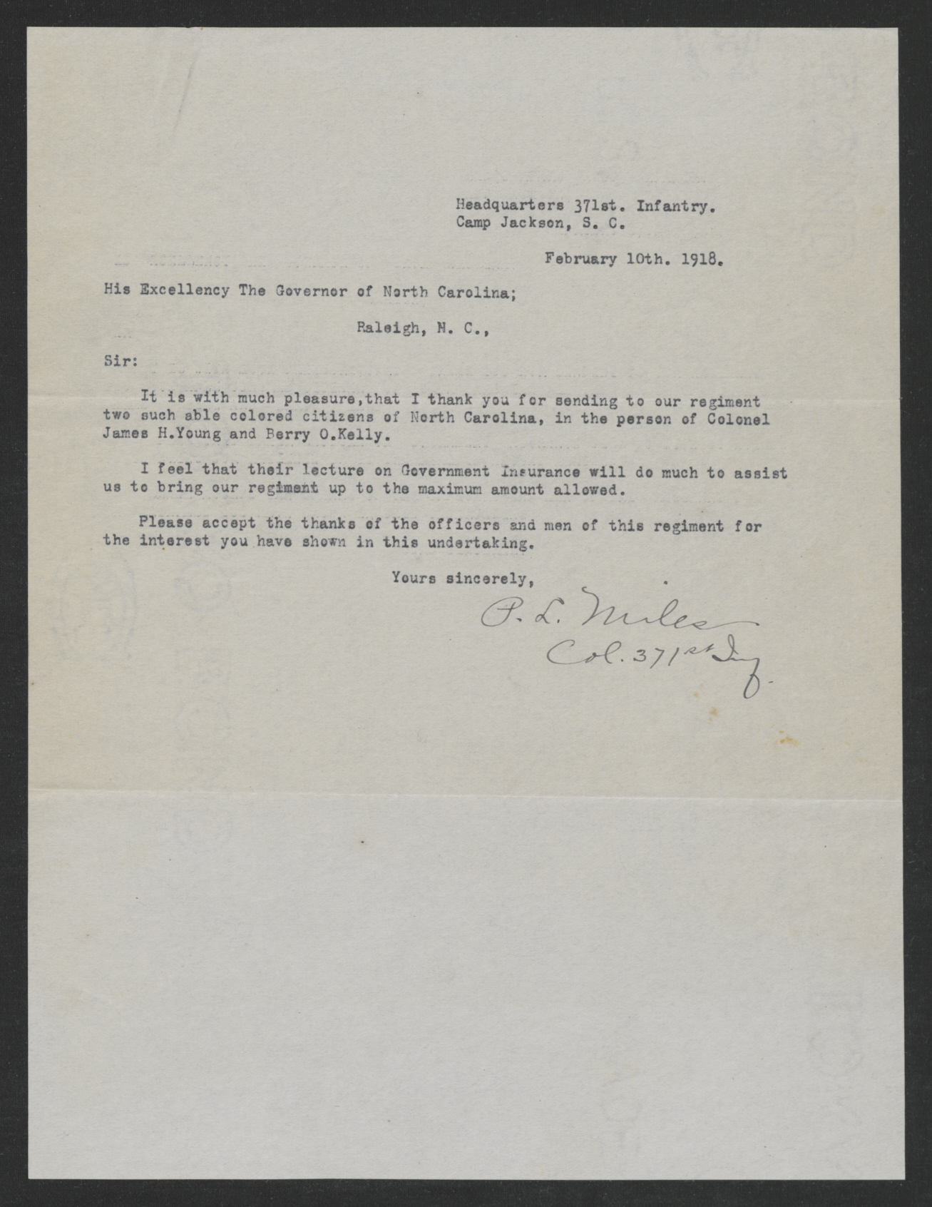 Letter from Perry L. Miles to Gov. Bickett, February 10, 1918