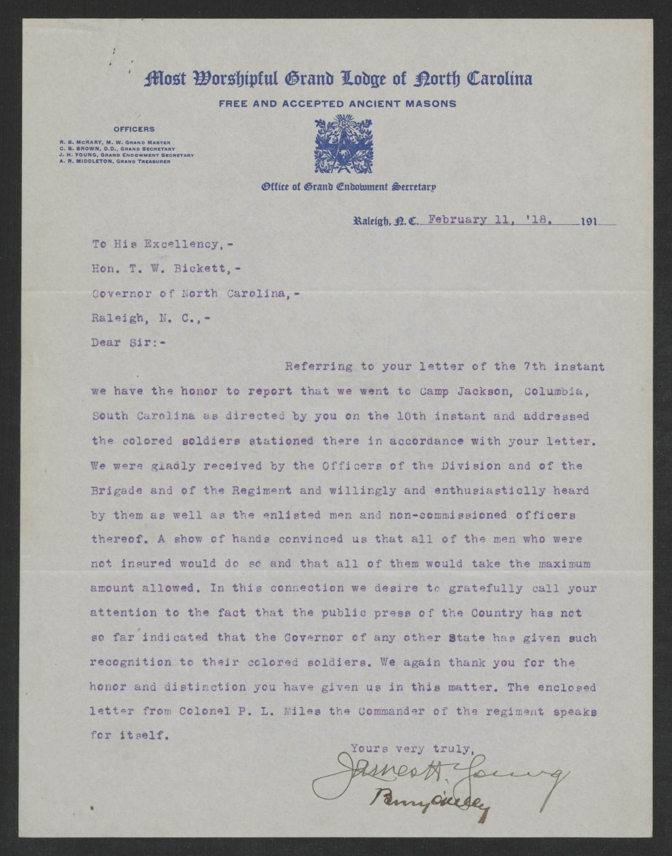 Letter from James H. Young and Berry O'Kelly to Gov. Bickett, February 11, 1918