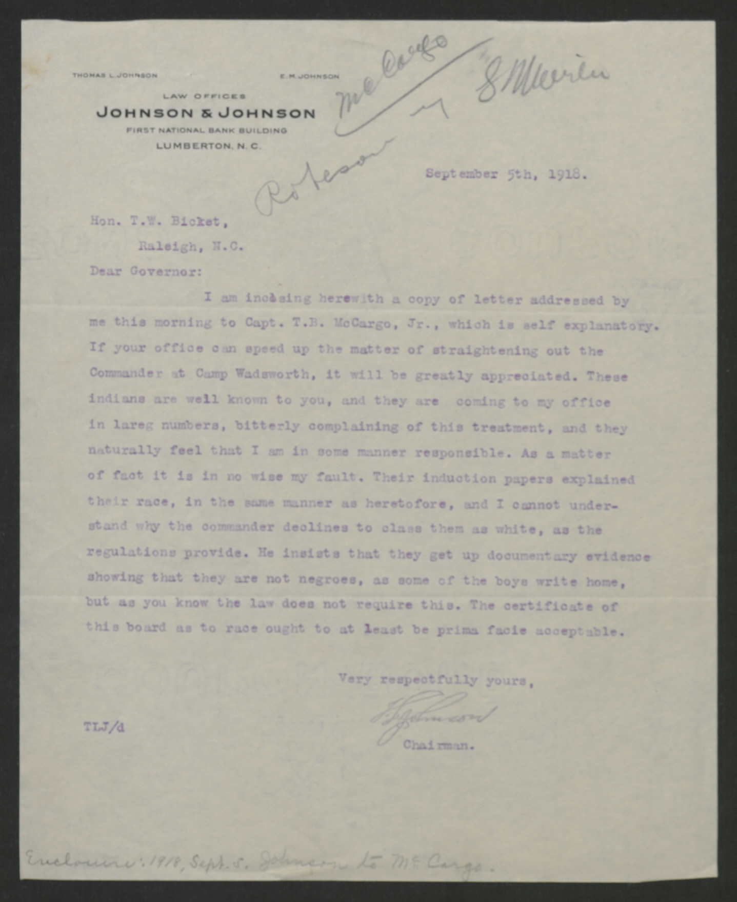 Letter from Thomas L. Johnson to Gov. Bickett, September 5, 1918