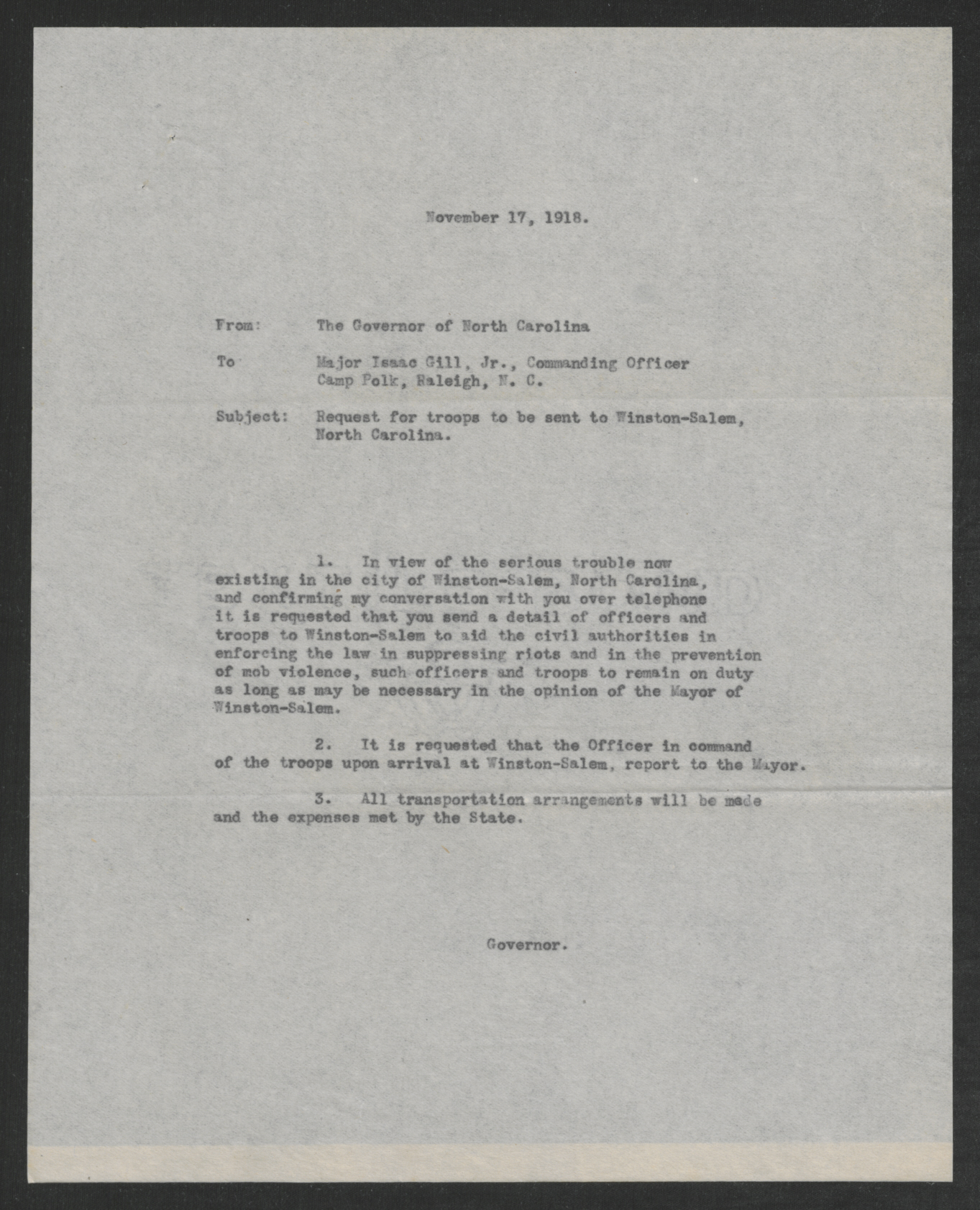 Letter from Gov. Bickett to Isaac Gill, Jr., November 17, 1918
