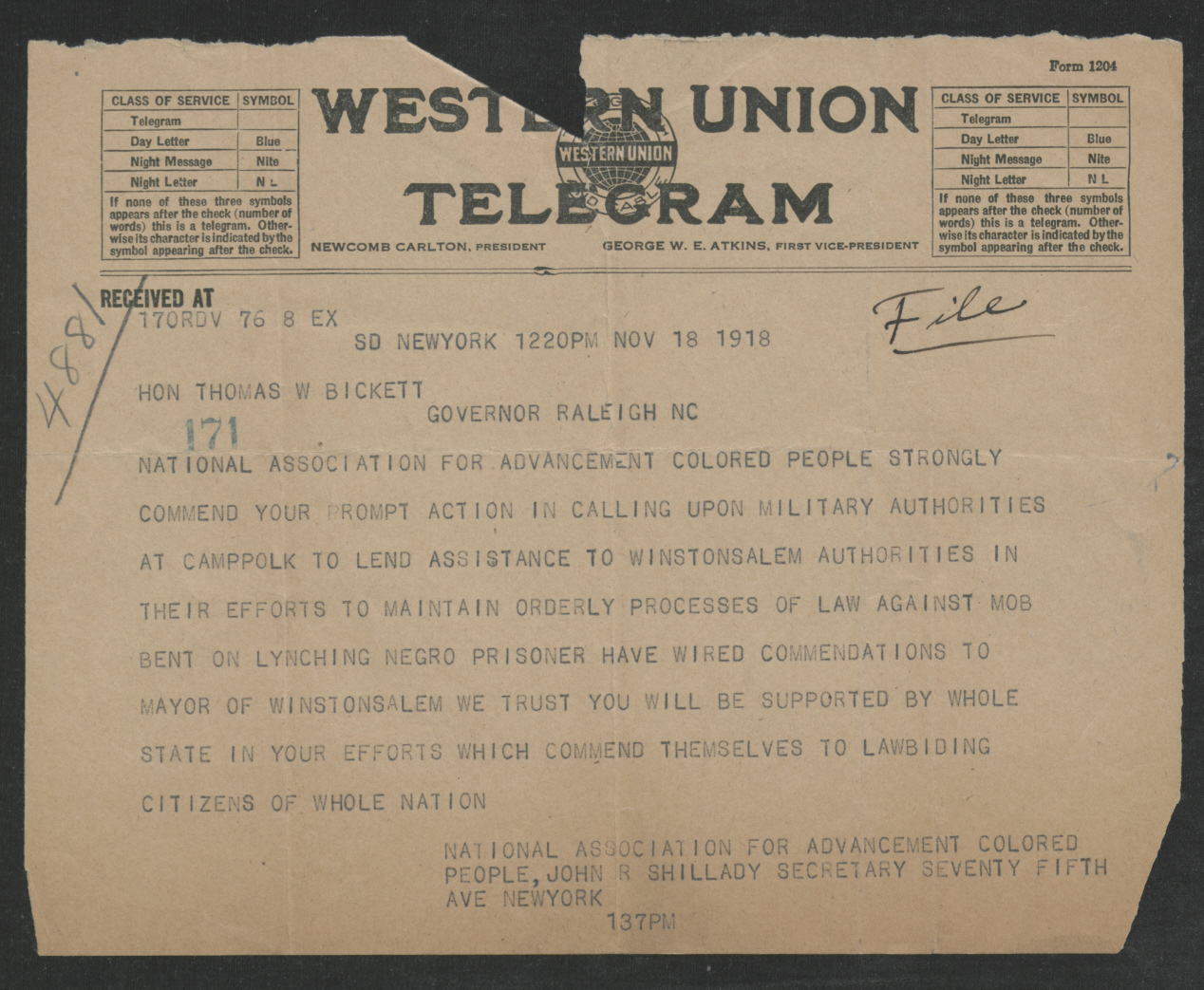 Telegram from John R. Shillady to Gov. Bickett, November 18, 1918