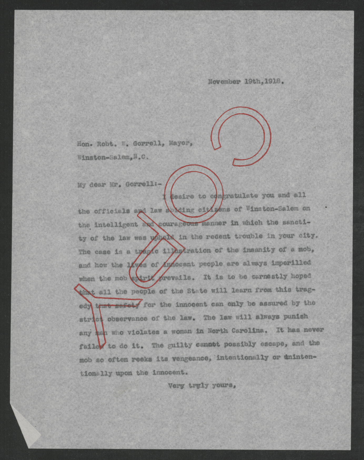 Letter from Gov. Bickett to Robert W. Gorrell, November 19, 1918