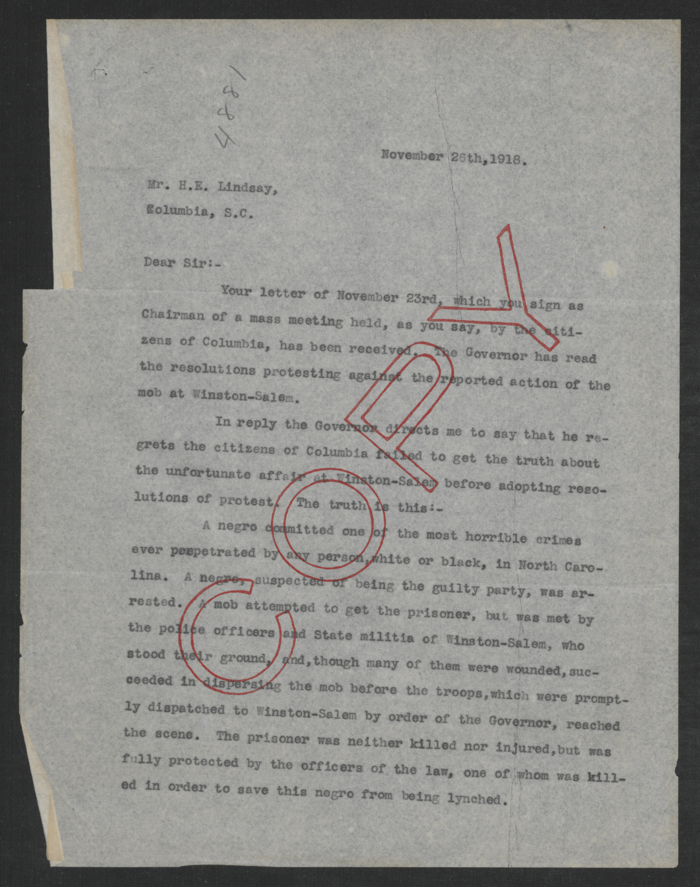 Letter from Santford Martin to H. E. Lindsay, November 26, 1918, page 1