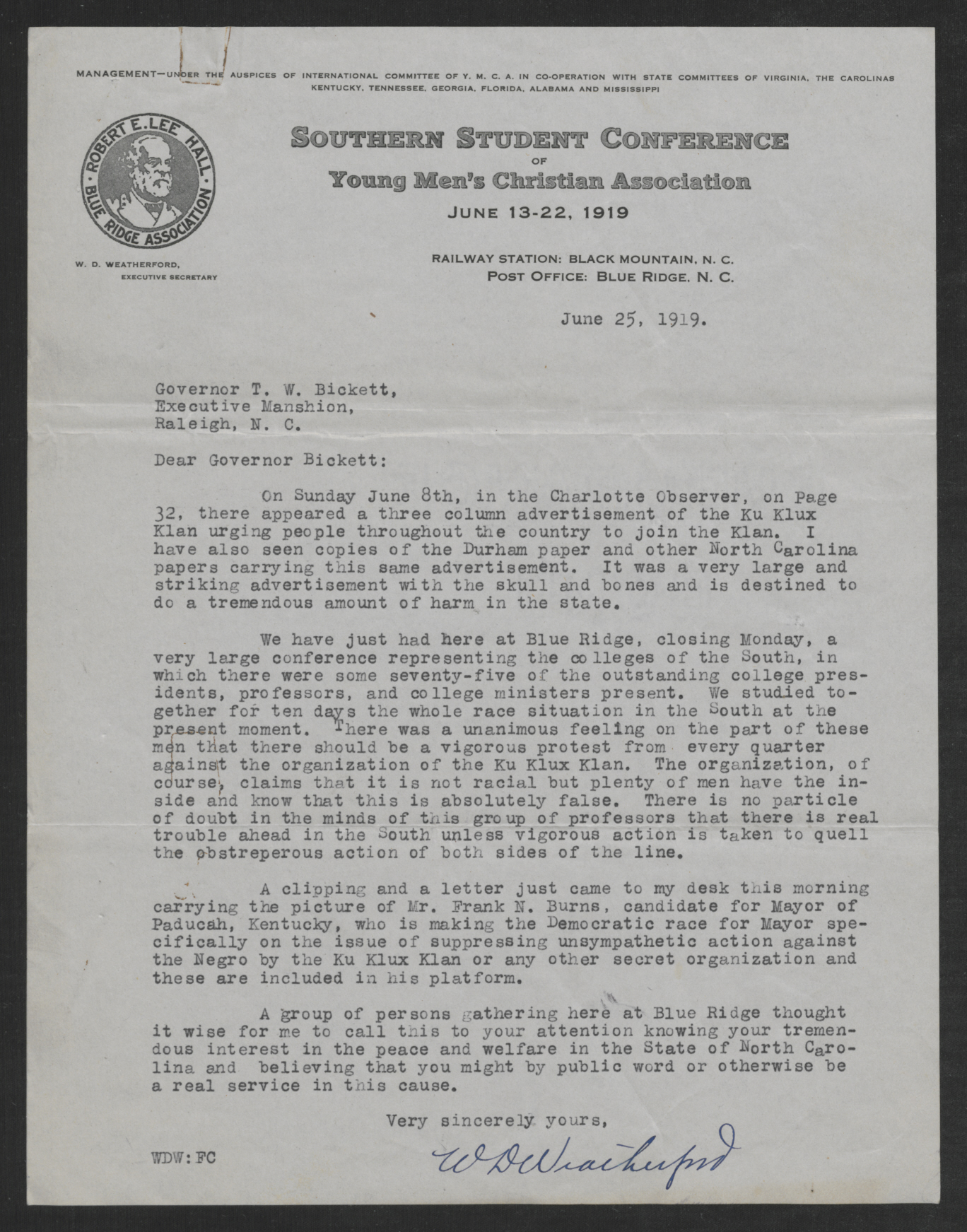 Letter from Weatherford to Bickett, June 25, 1919