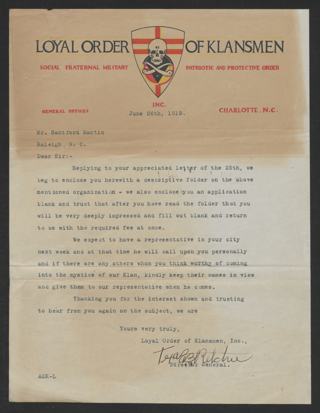 Letter from Texas B. Ritchie to Santford Martin, June 26, 1919