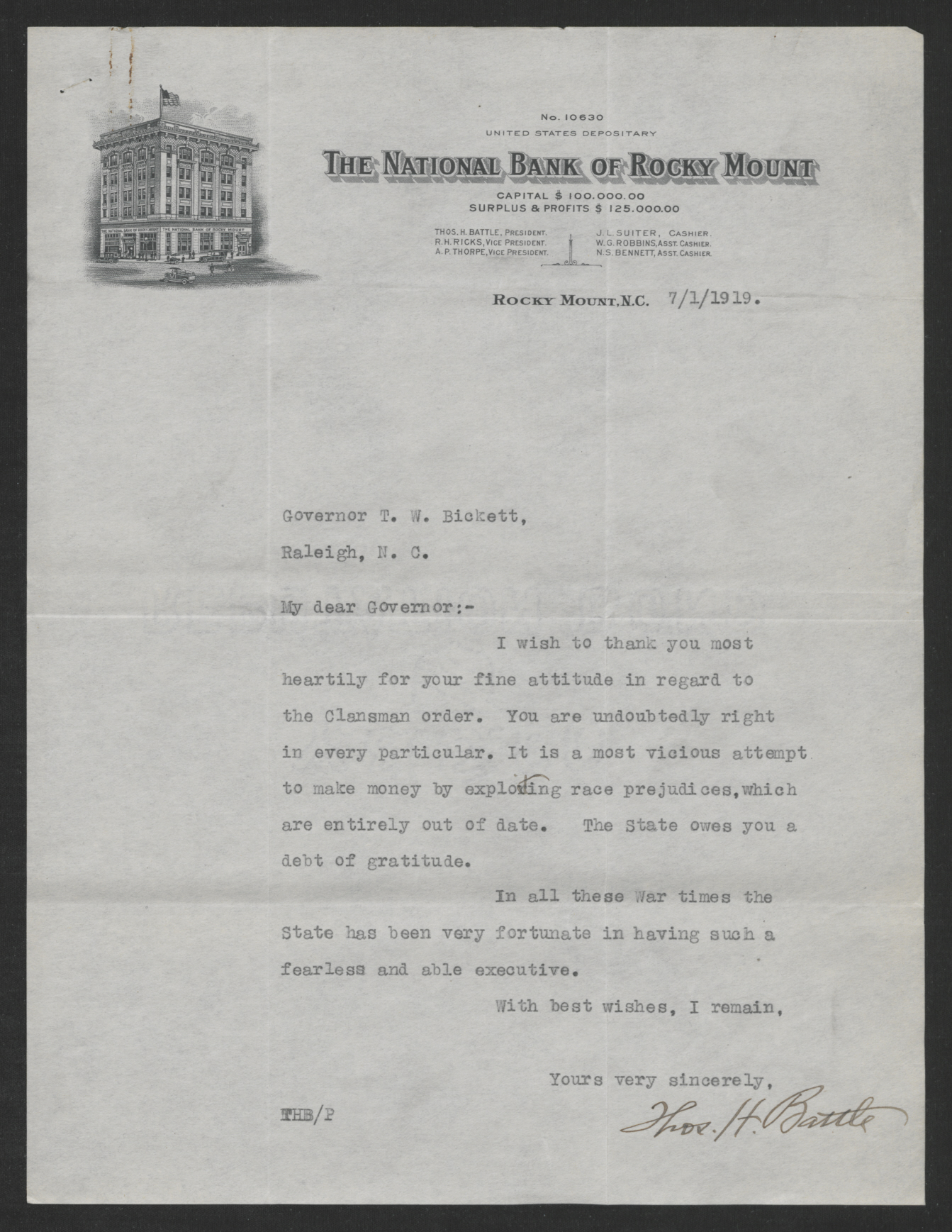 Letter from Thomas H. Battle to Thomas W. Bickett, July 1, 1919