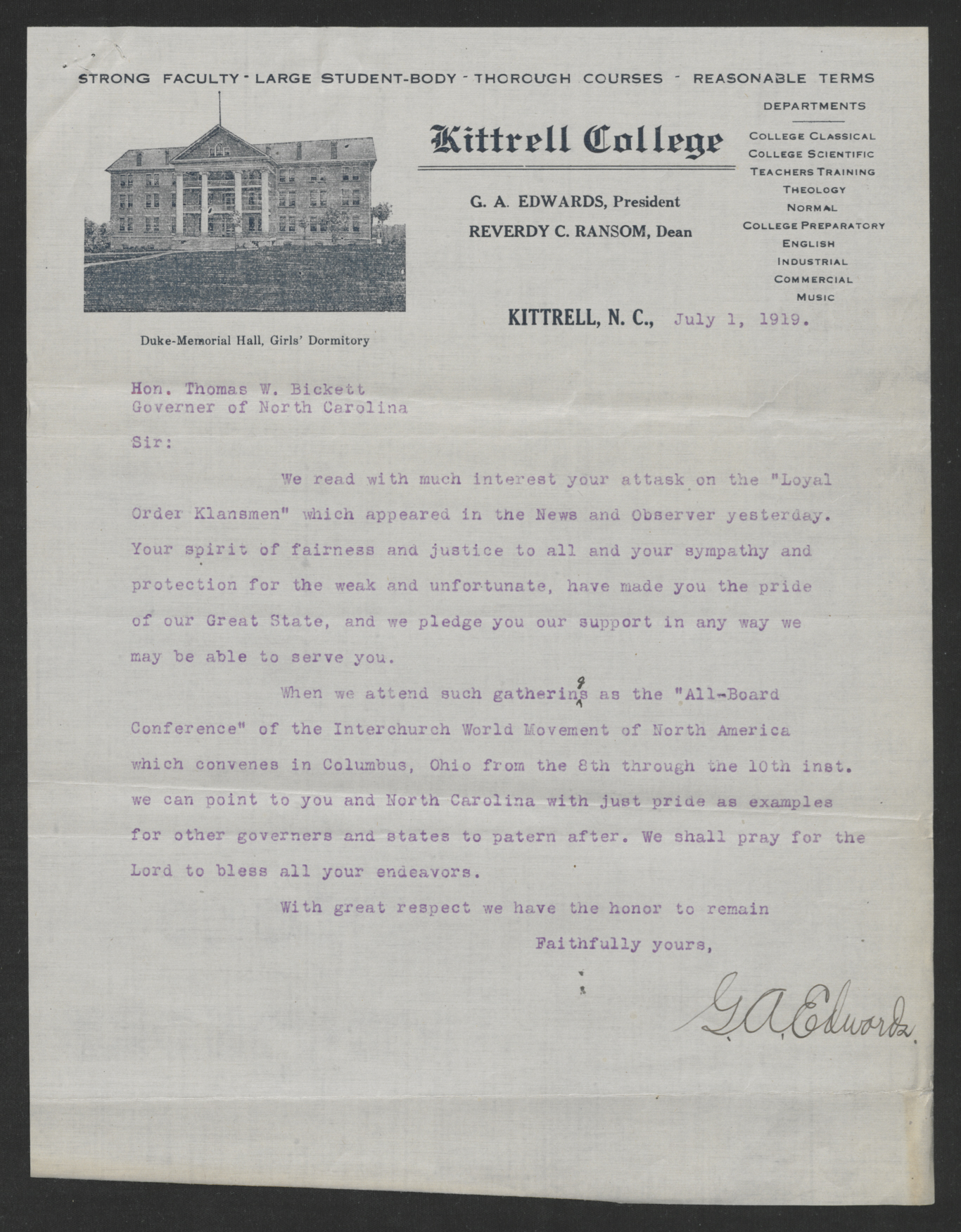 Letter from Gaston A. Edwards to Thomas W. Bickett, July 1, 1919