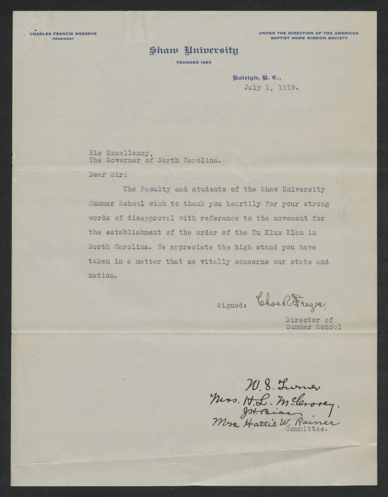 Letter from Charles R. Frazer to Thomas W. Bickett, July 1, 1919