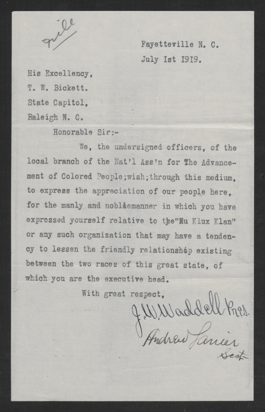 Letter from J. W. Waddell and Andrew Lanier to Thomas W. Bickett, July 1, 1919