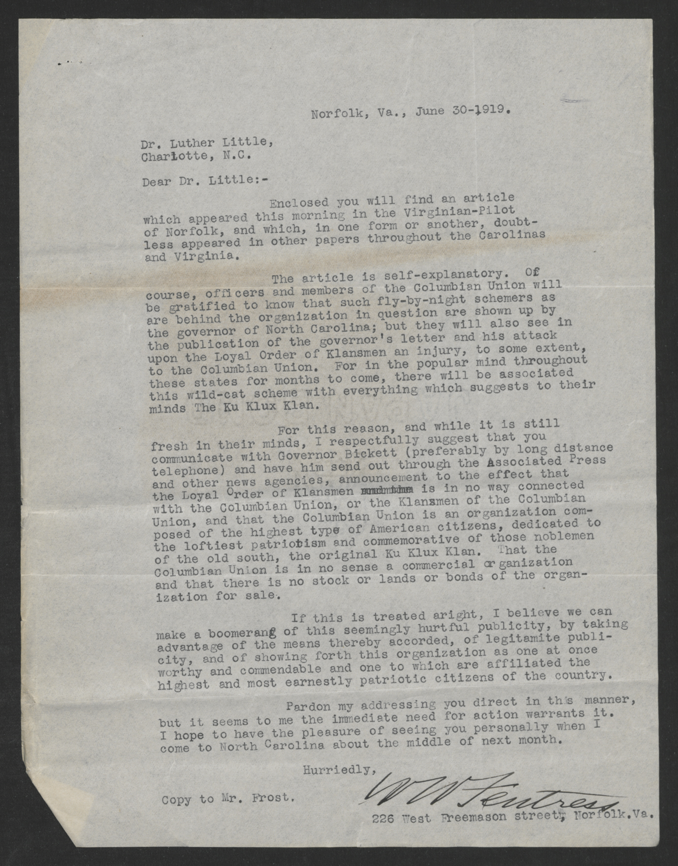 Letter from W. W. Fentress to Luther Little, June 30, 1919