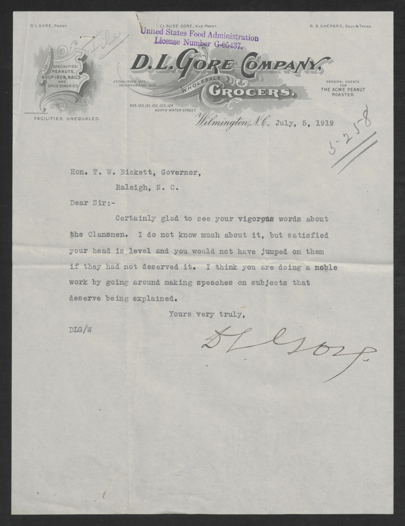 Letter from Daniel L. Gore to Gov. Thomas W. Bickett, July 5, 1919