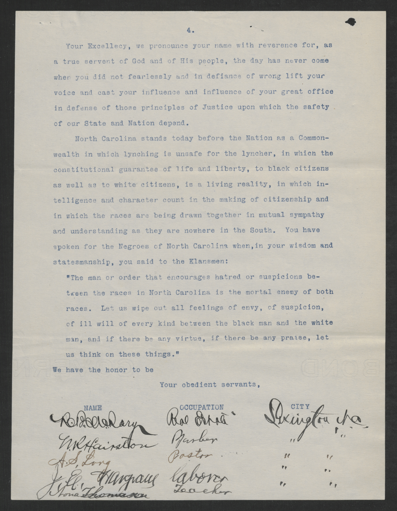 A Memorial of Thanks to Governor T. W. Bickett from the Citizens of Lexington, N.C., ca. July 1919, page 4