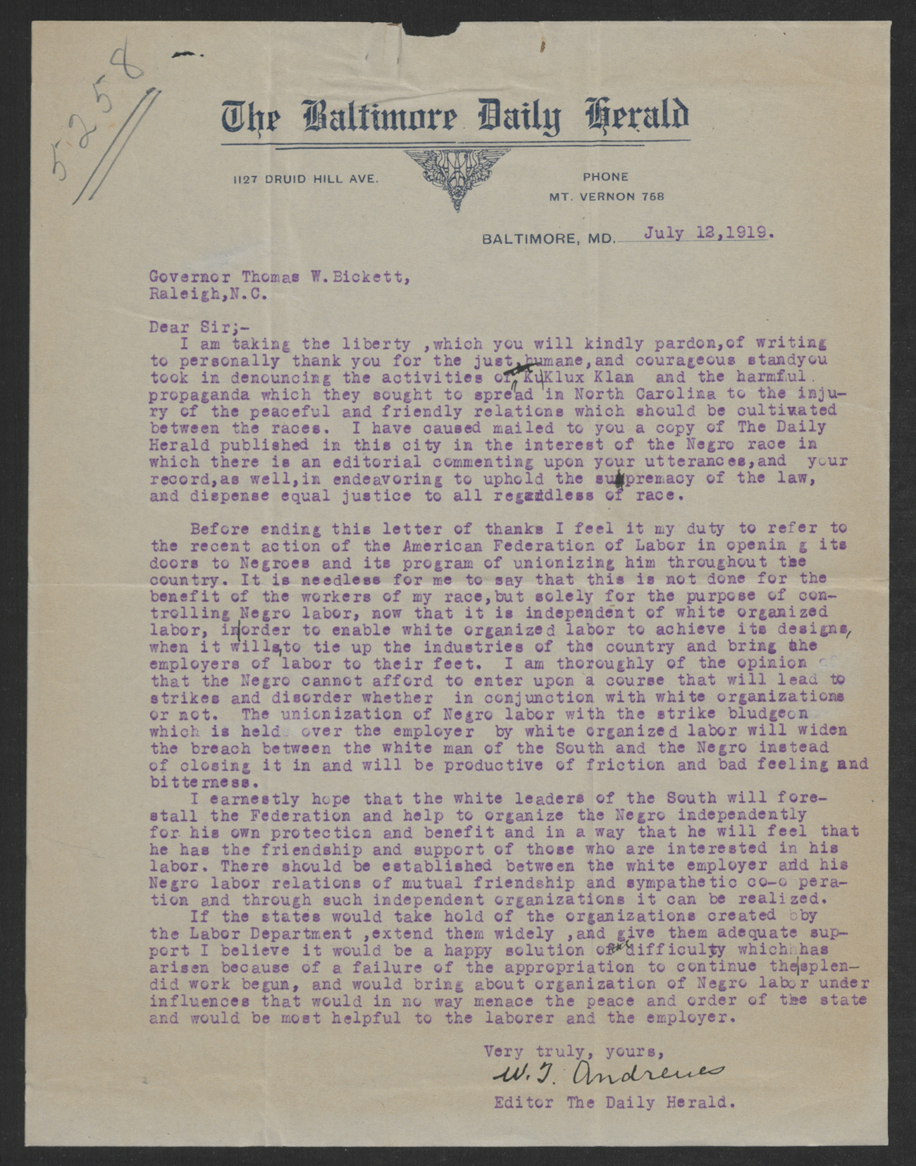 Letter from W. T. Andrews to Gov. Thomas W. Bickett, July 12, 1919