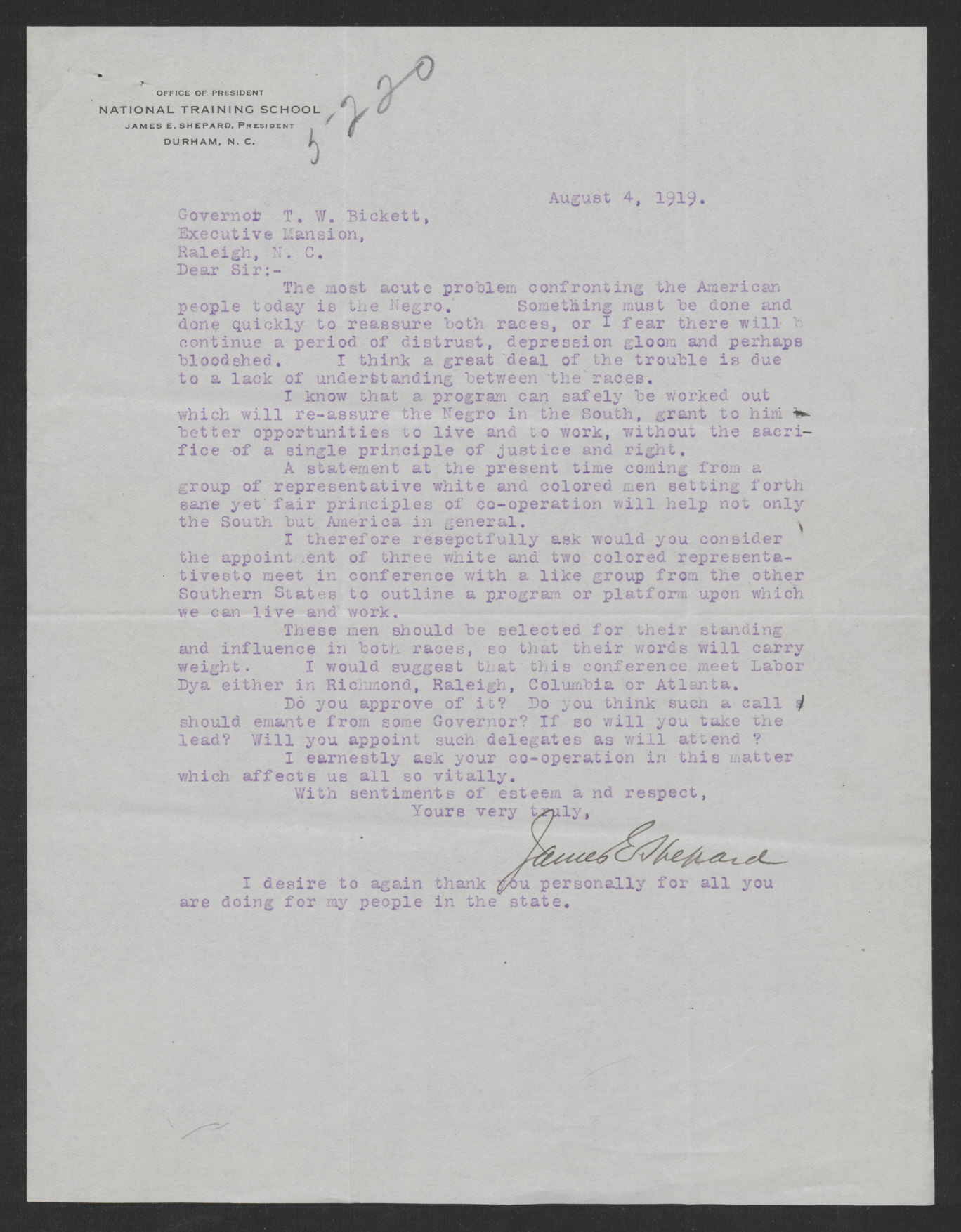 Letter from James E. Shepard to Gov. Thomas W. Bickett, August 4, 1919