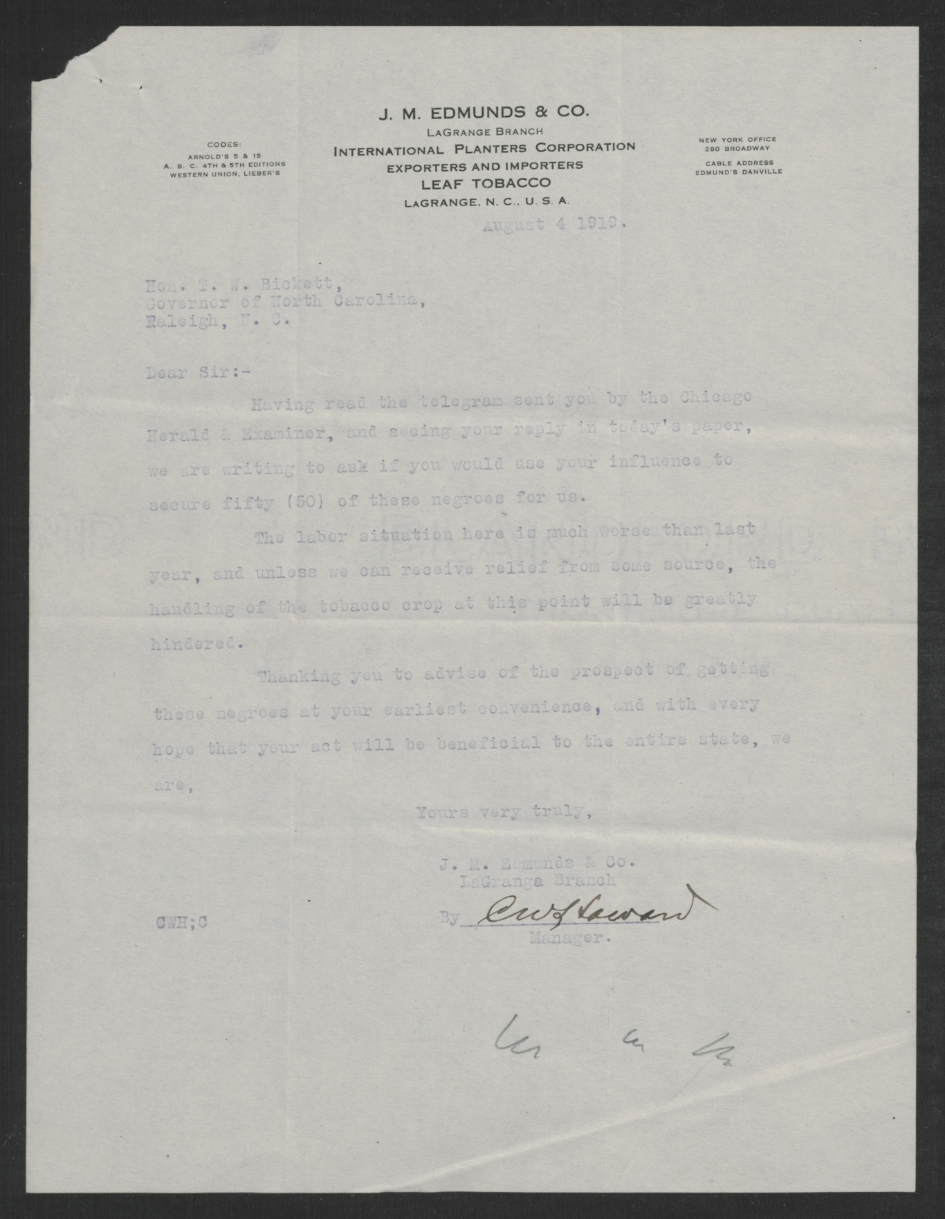 Letter from Charles W. Howard to Gov. Thomas W. Bickett, August 4, 1919