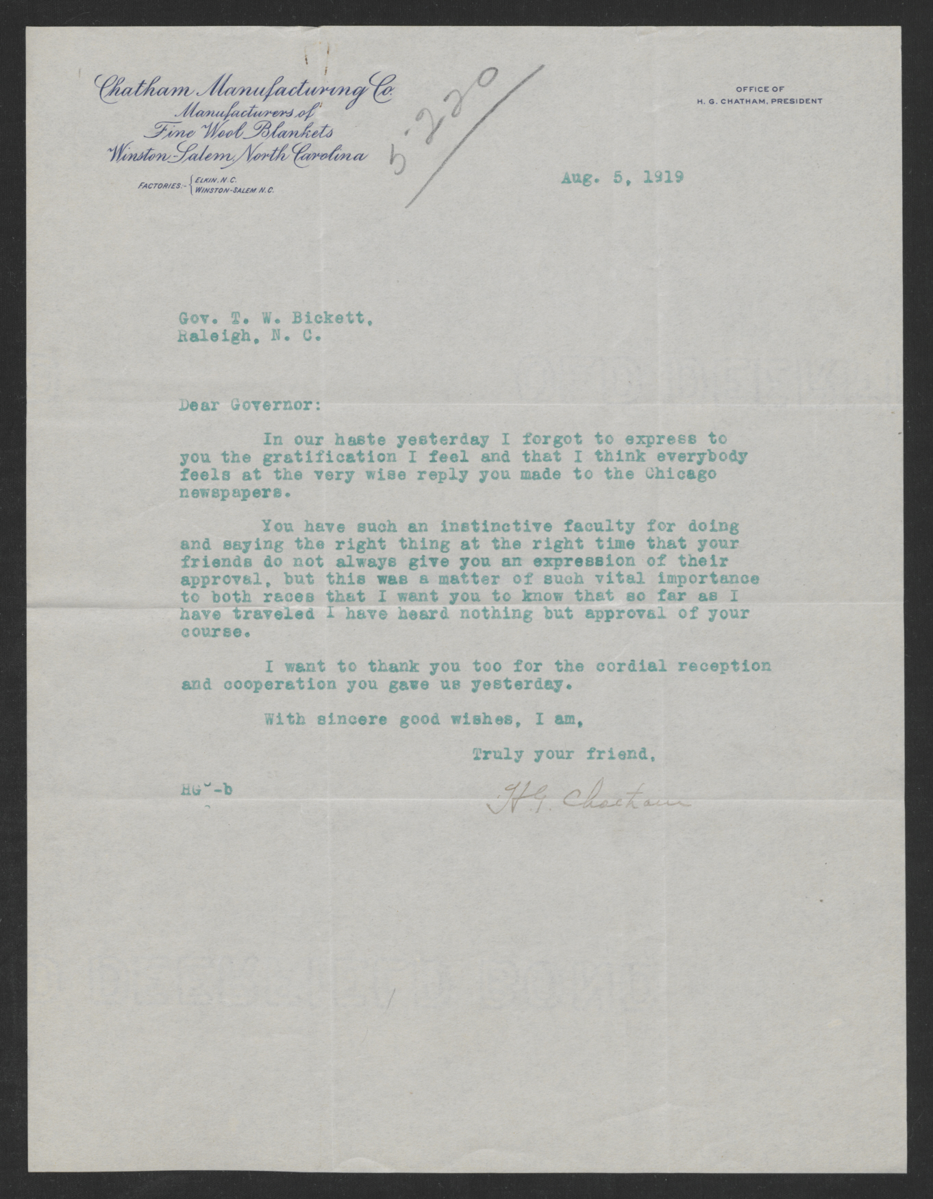 Letter from Hugh G. Chatham to Gov. Thomas W. Bickett, August 5, 1919