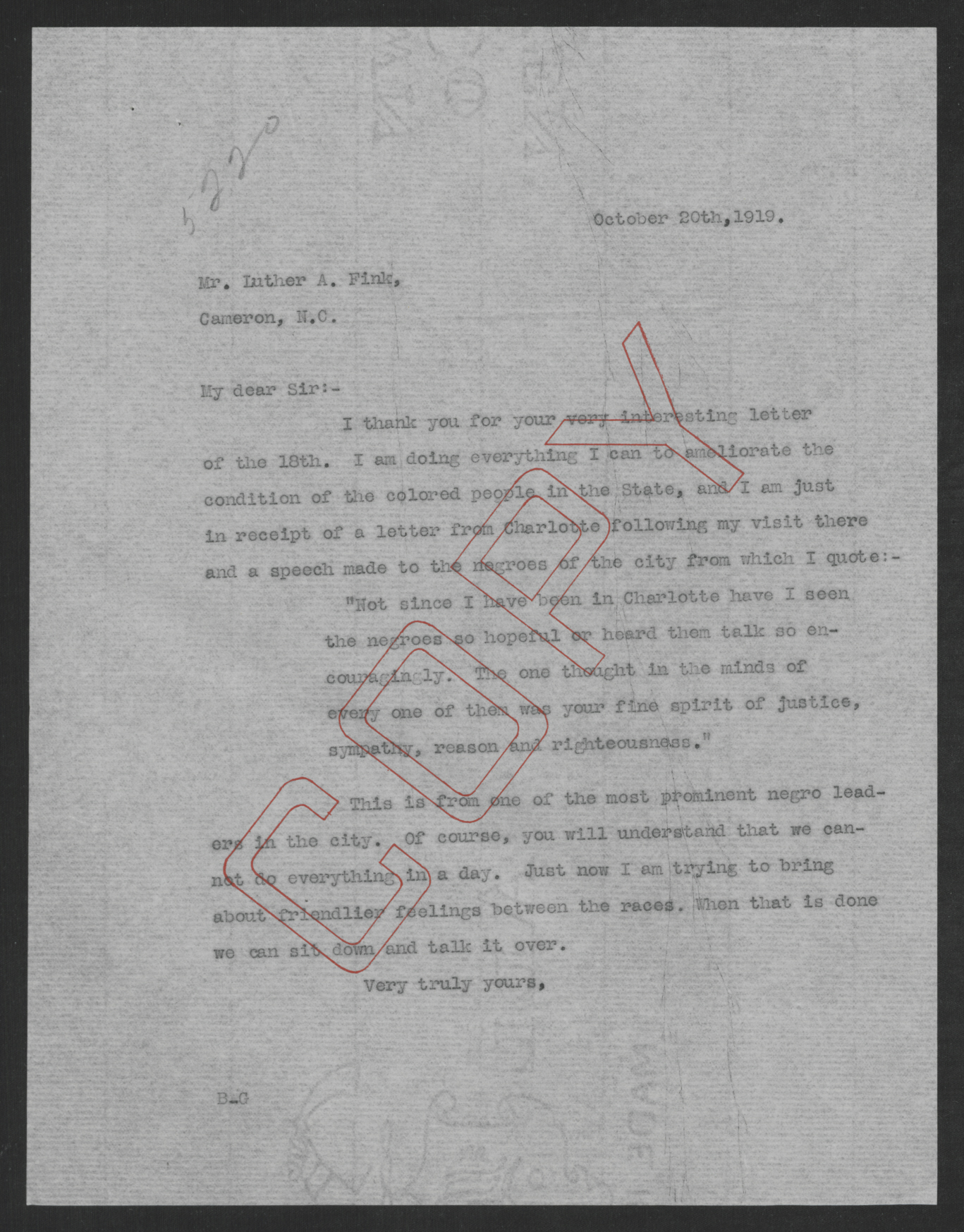 Letter from Gov. Thomas W. Bickett to Luther A. Fink, October 20, 1919