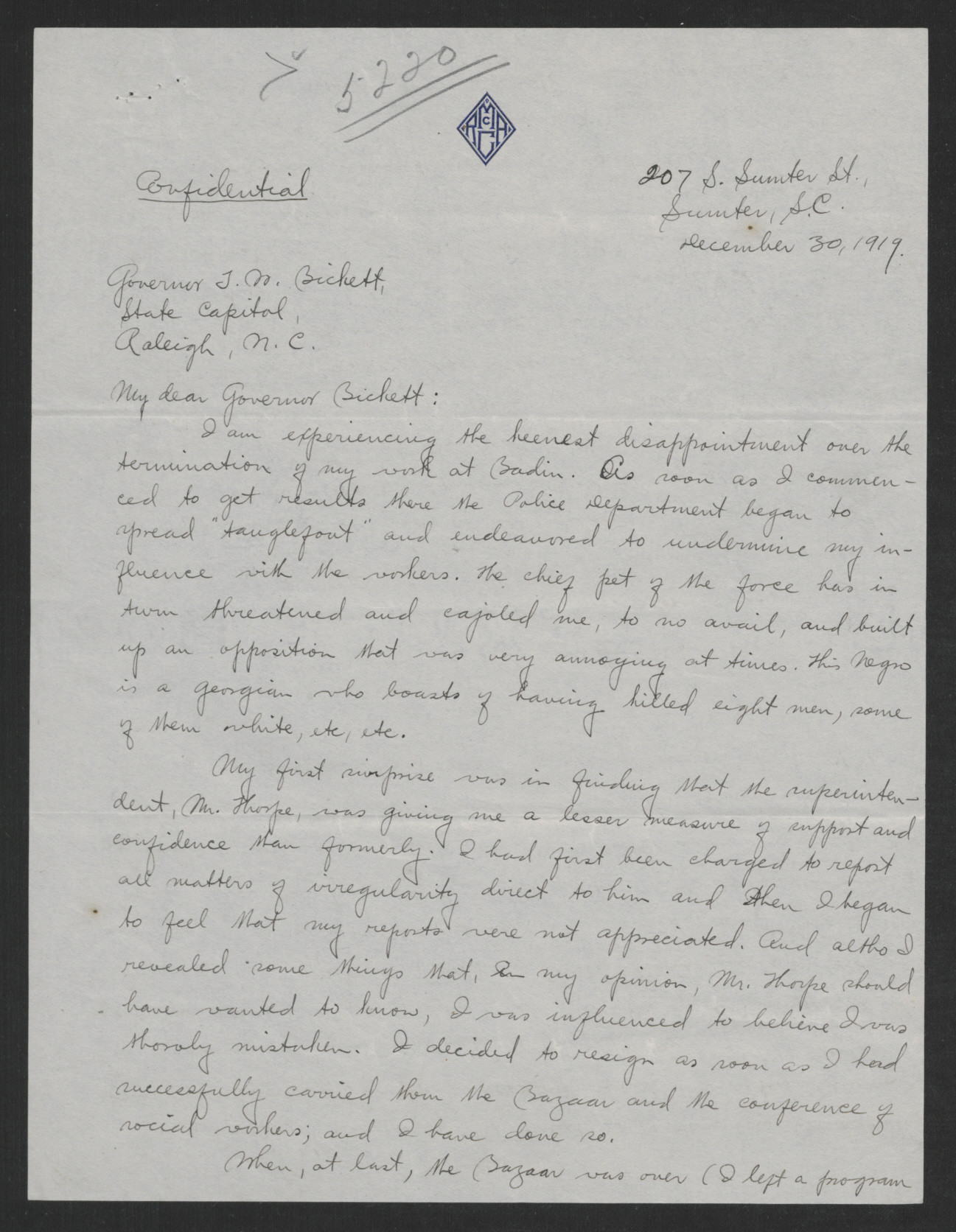 Letter from Robert M. Andrews to Gov. Thomas W. Bickett, December 30, 1919, page 1