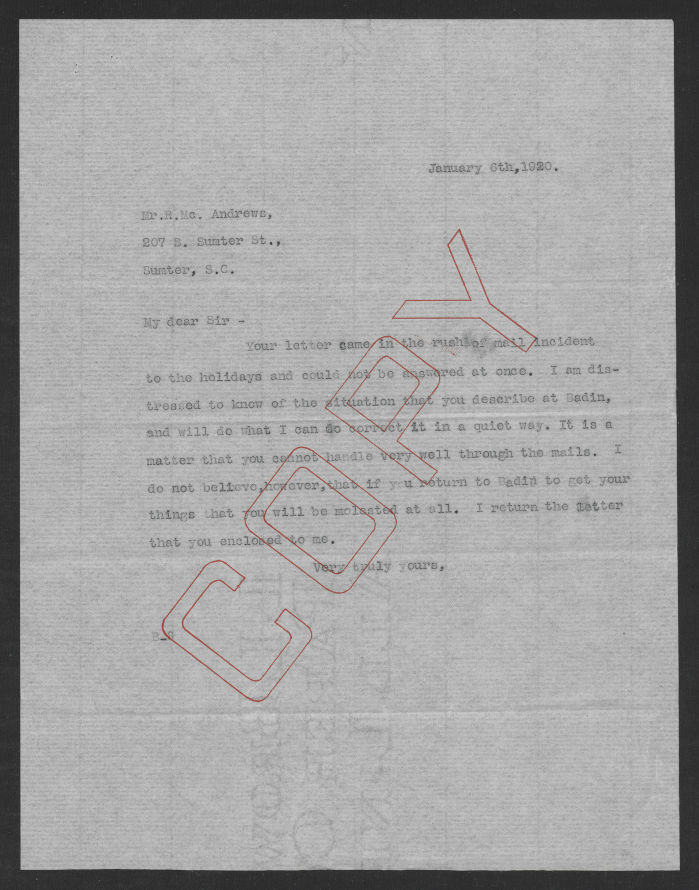 Letter from Gov. Thomas W. Bickett to Robert M. Andrews, January 6, 1920