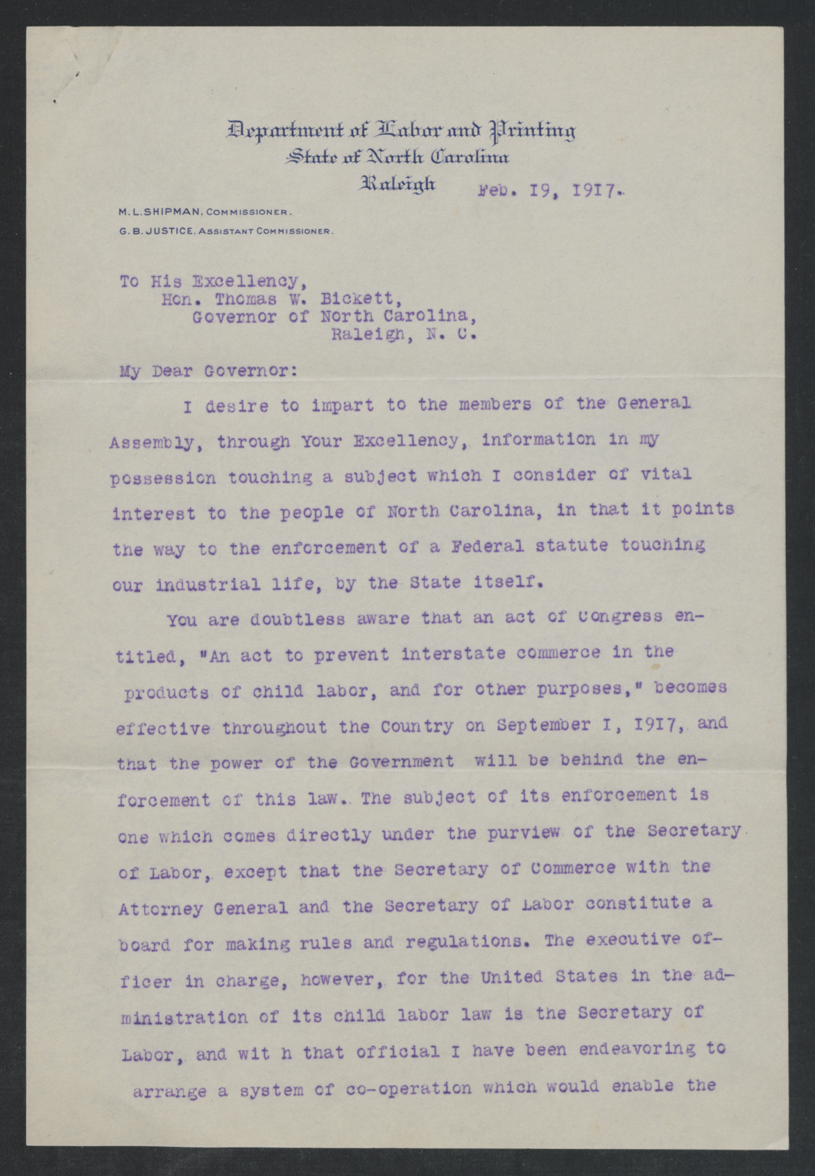 Letter from Mitchell L. Shipman to Thomas W. Bickett, February 19, 1917, page 1