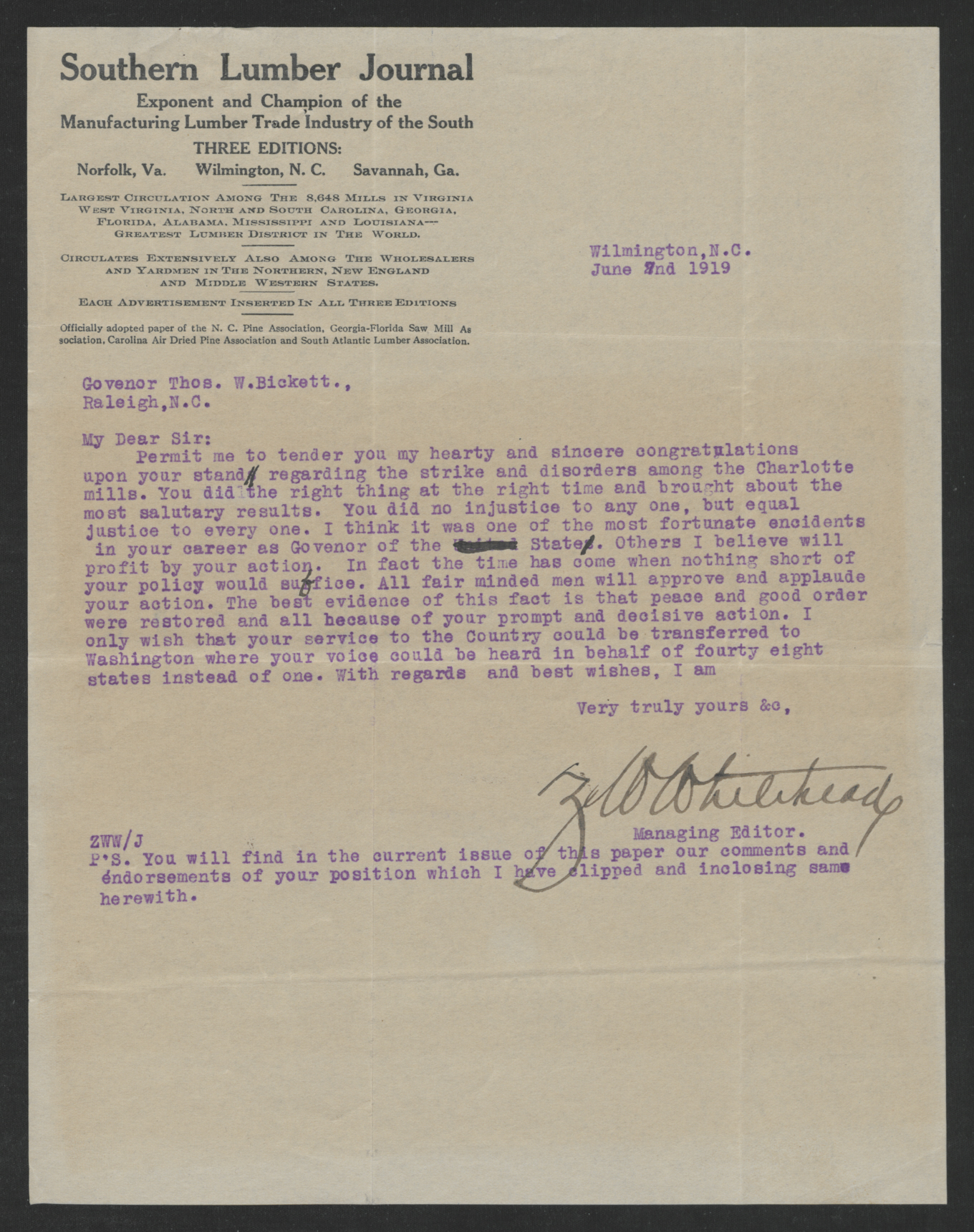 Letter from Zollicoffer W. Whitehead to Thomas W. Bickett, June 7, 1919