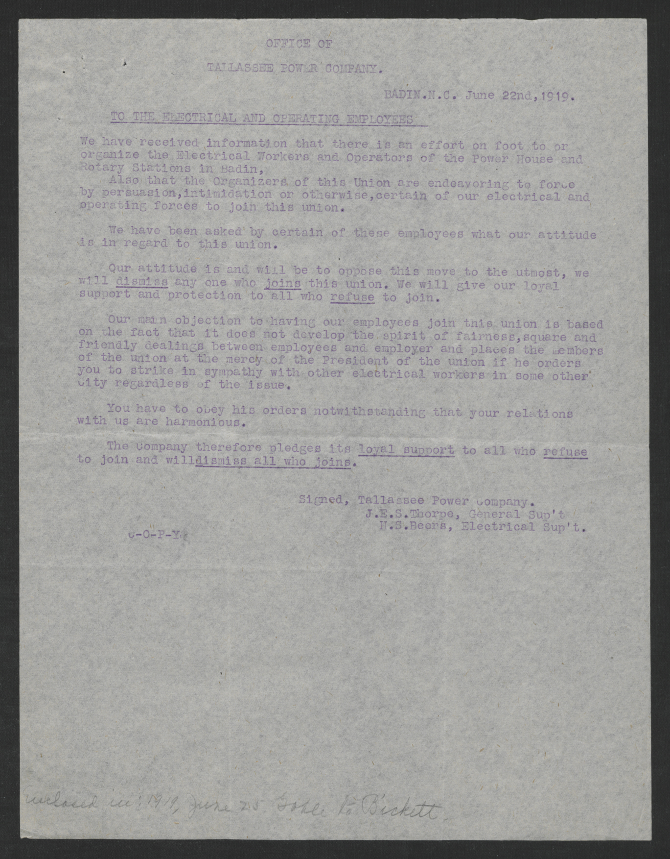 Letter from John E. S. Thorpe and Harold S. Beers to the Eletrical and Operating Employees of the Tallassee Power Company, June 22, 1919