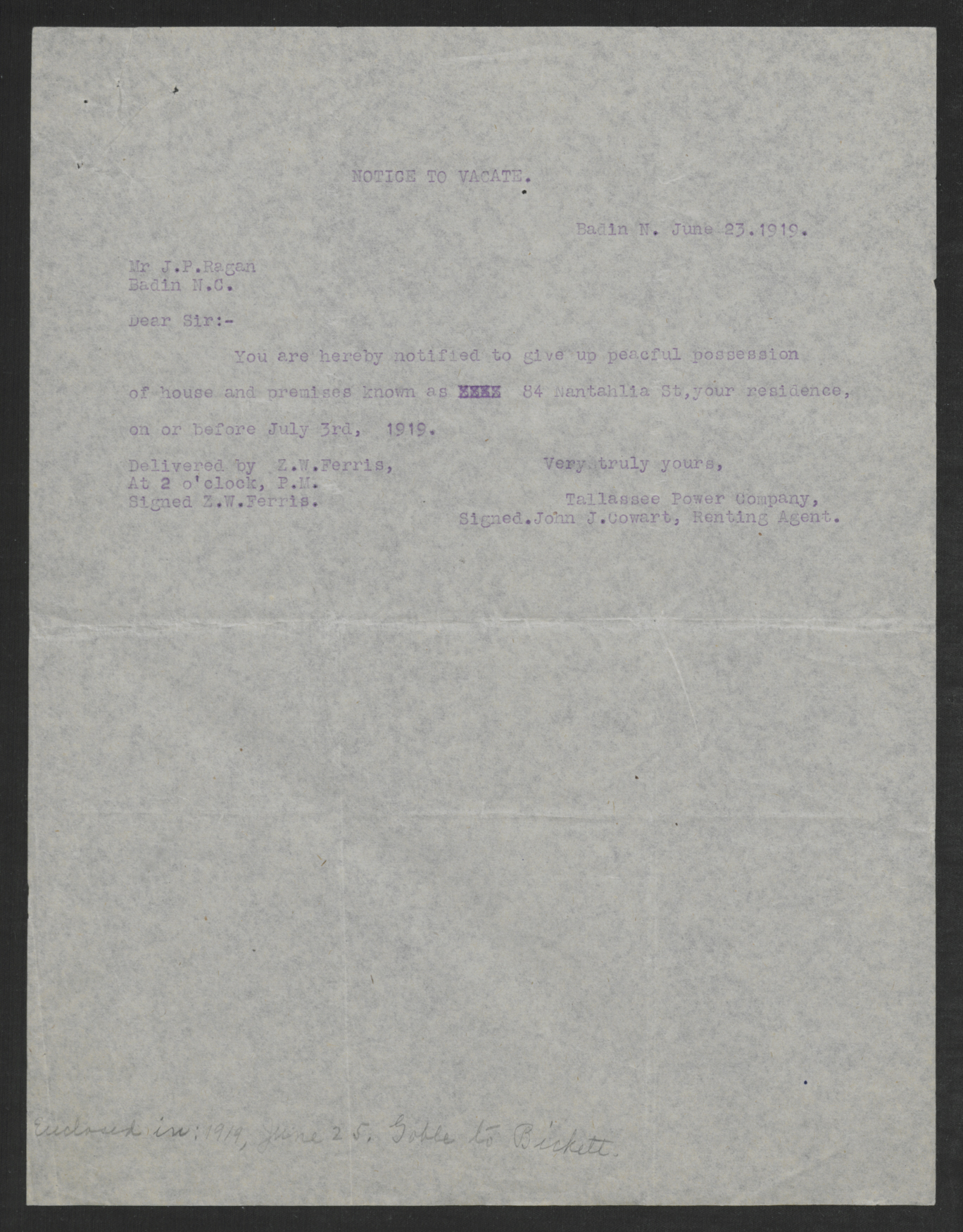 Letter from John J. Cowart to John P. Ragan, June 23, 1919