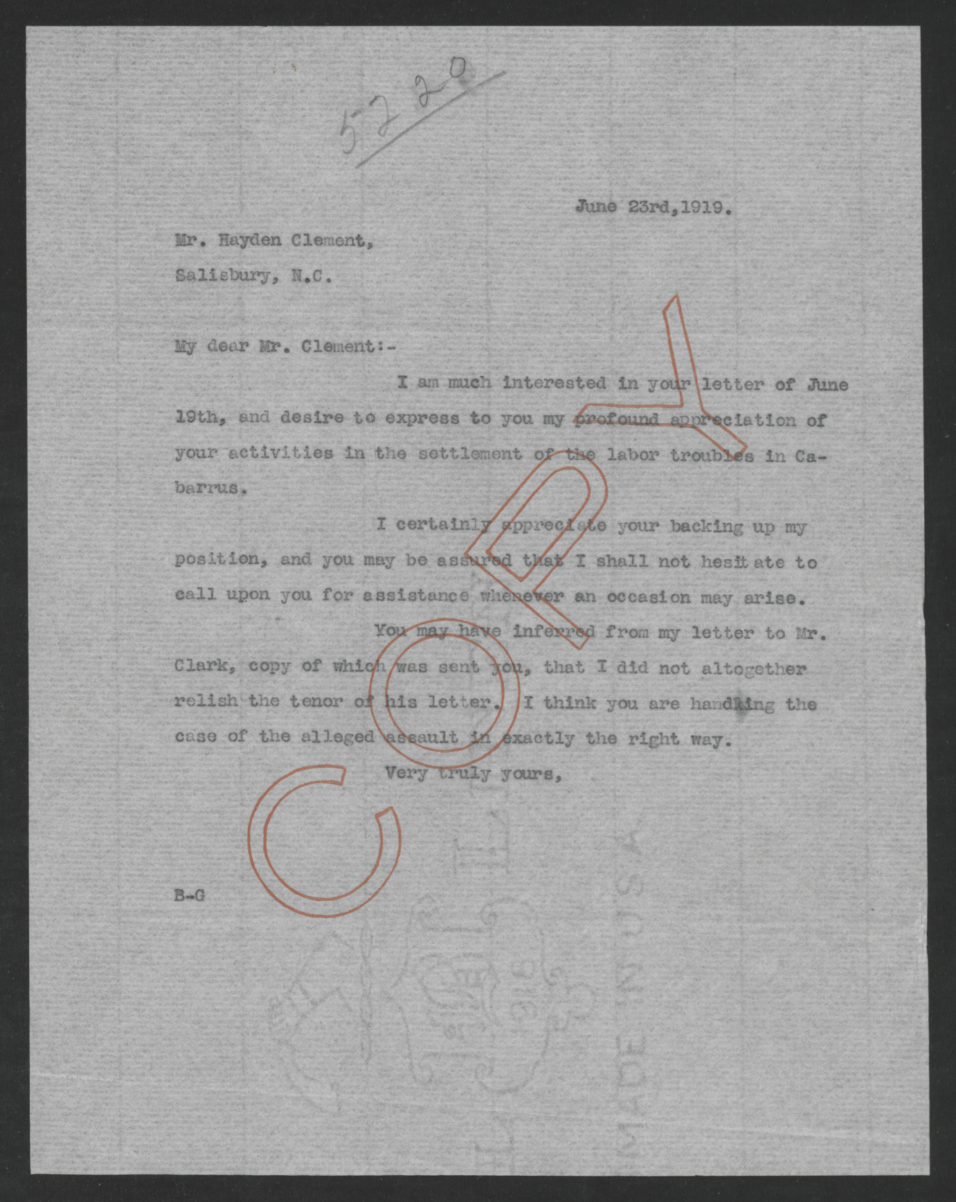 Letter from Thomas W. Bickett to Hayden Clement, June 23, 1919