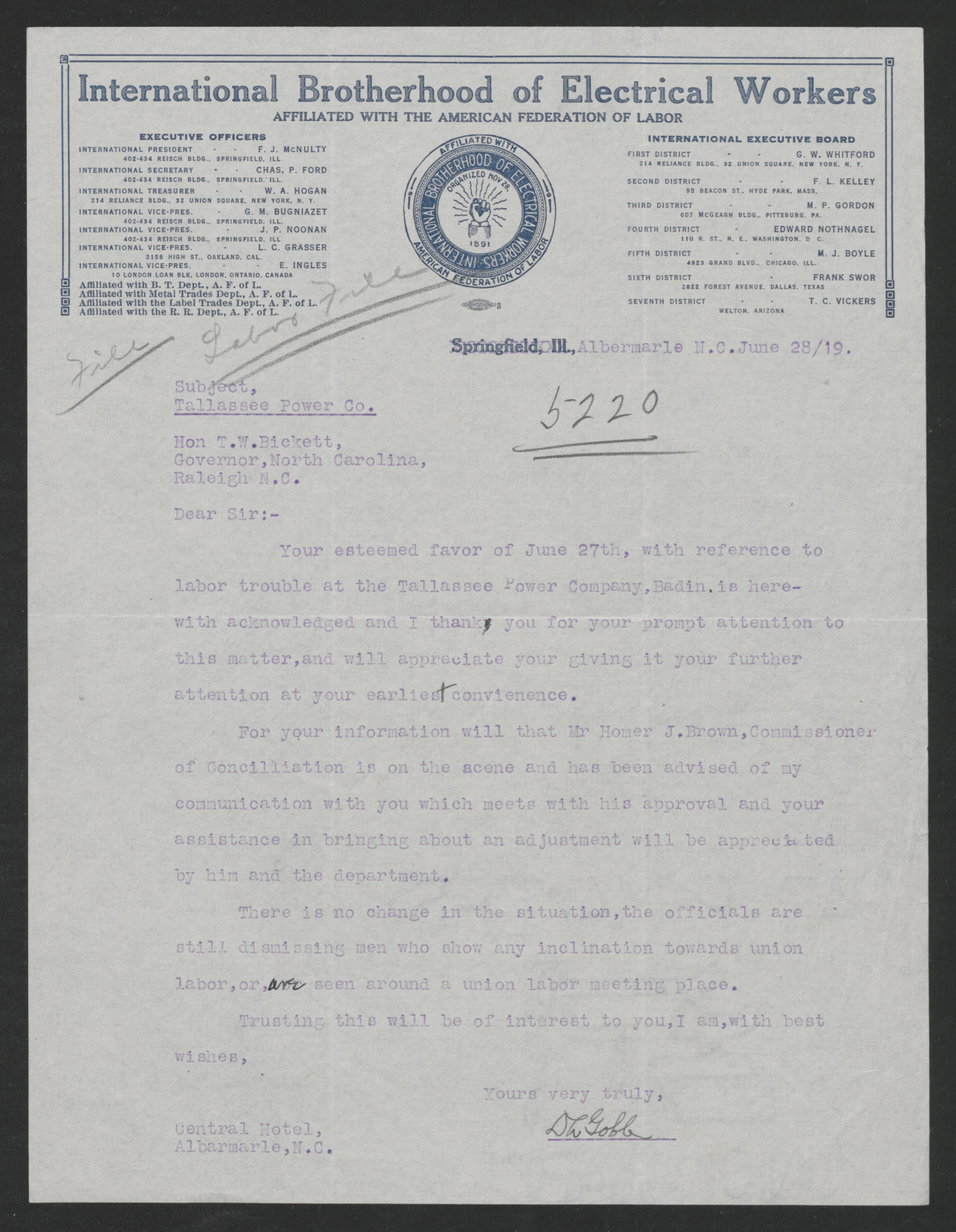 Letter from David L. Goble to Thomas W. Bickett, June 28, 1919