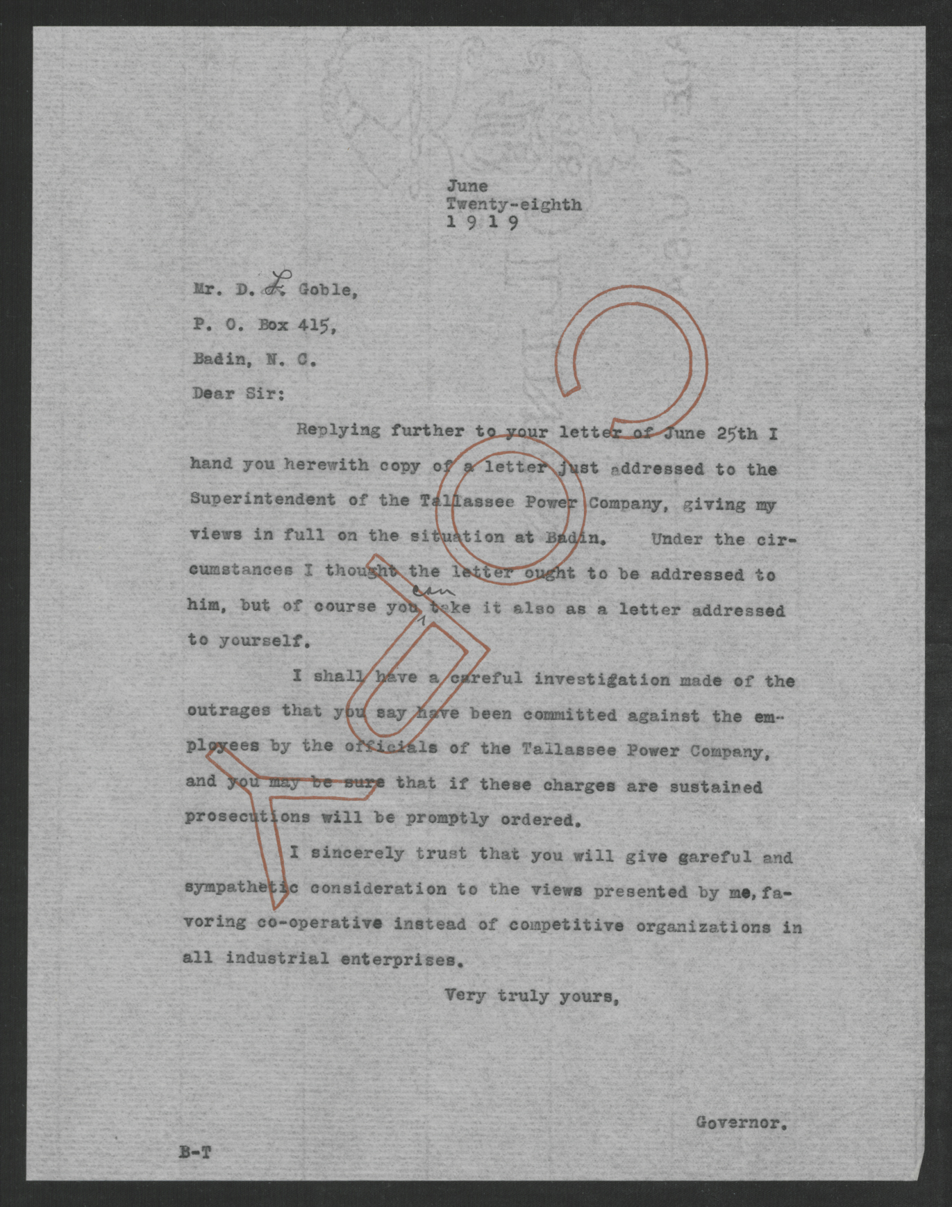 Letter from Thomas W. Bickett to David L. Goble, June 28, 1919