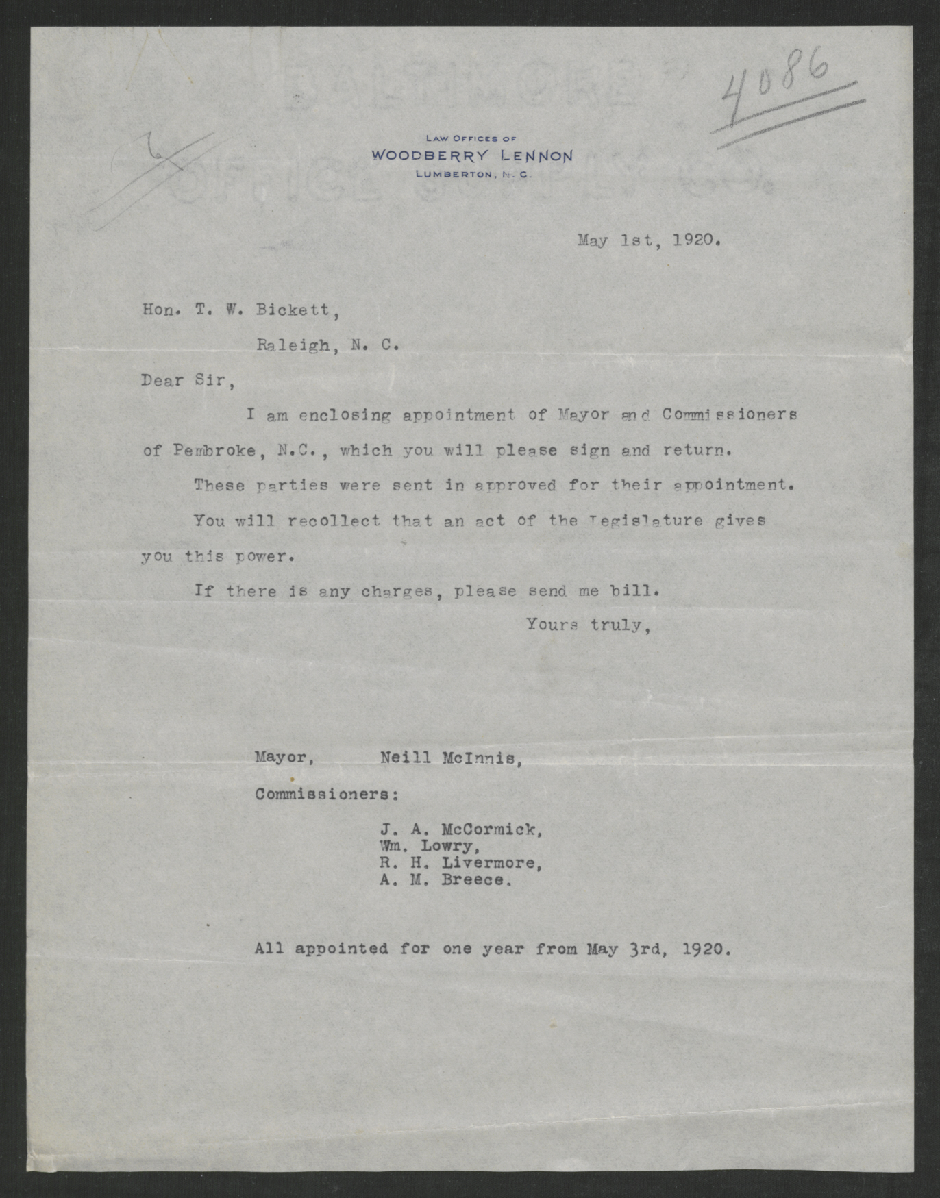 Letter from Neill McInnis to Thomas W. Bickett, May 1, 1920